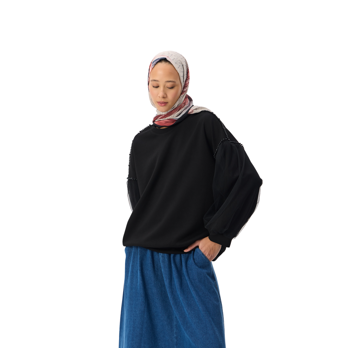 Oversized Beaded Black Shoulder Sheer Sleeve Luxury Scuba Sweatshirt