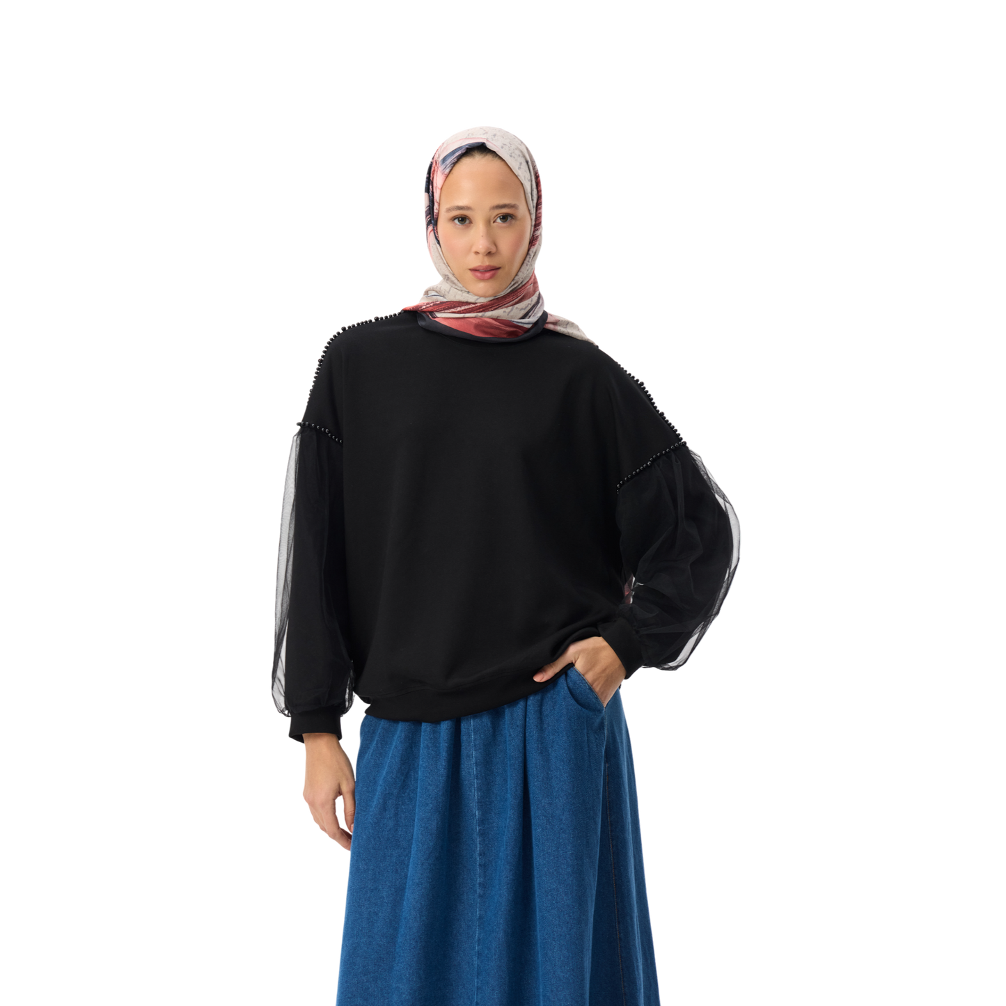 Oversized Beaded Black Shoulder Sheer Sleeve Luxury Scuba Sweatshirt