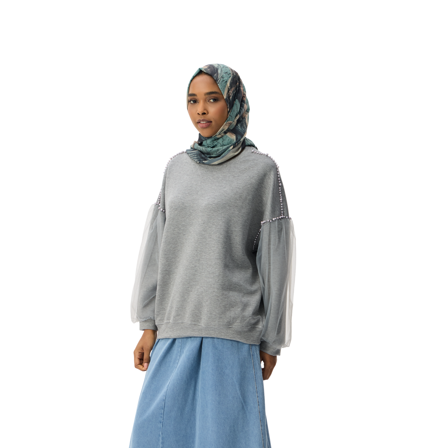 Oversized Beaded Grey Shoulder Sheer Sleeve Luxury Scuba Sweatshirt