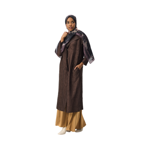 Jacquard Chocolate Brown Modest Long Overcoat