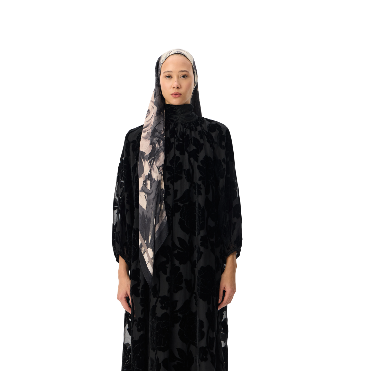 Luxury Oversized Black Velvet Floral Smock Dress