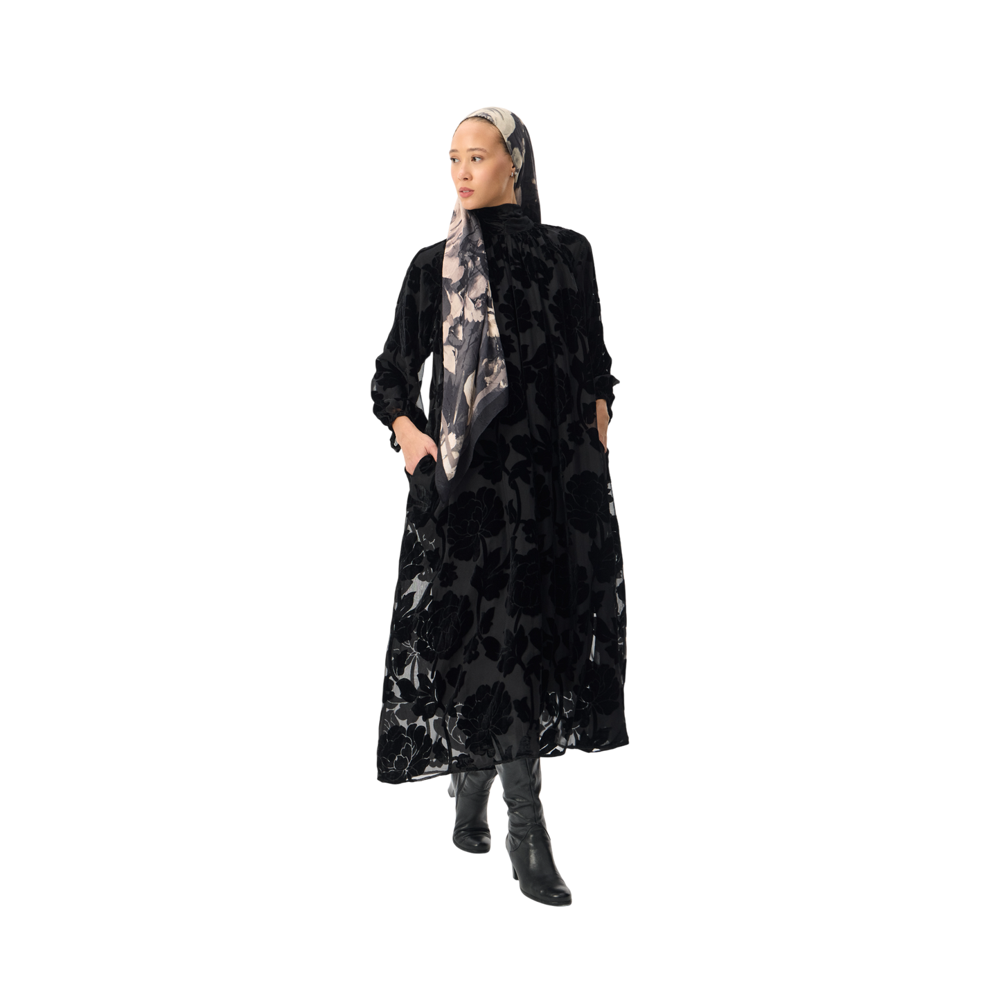 Luxury Oversized Black Velvet Floral Smock Dress