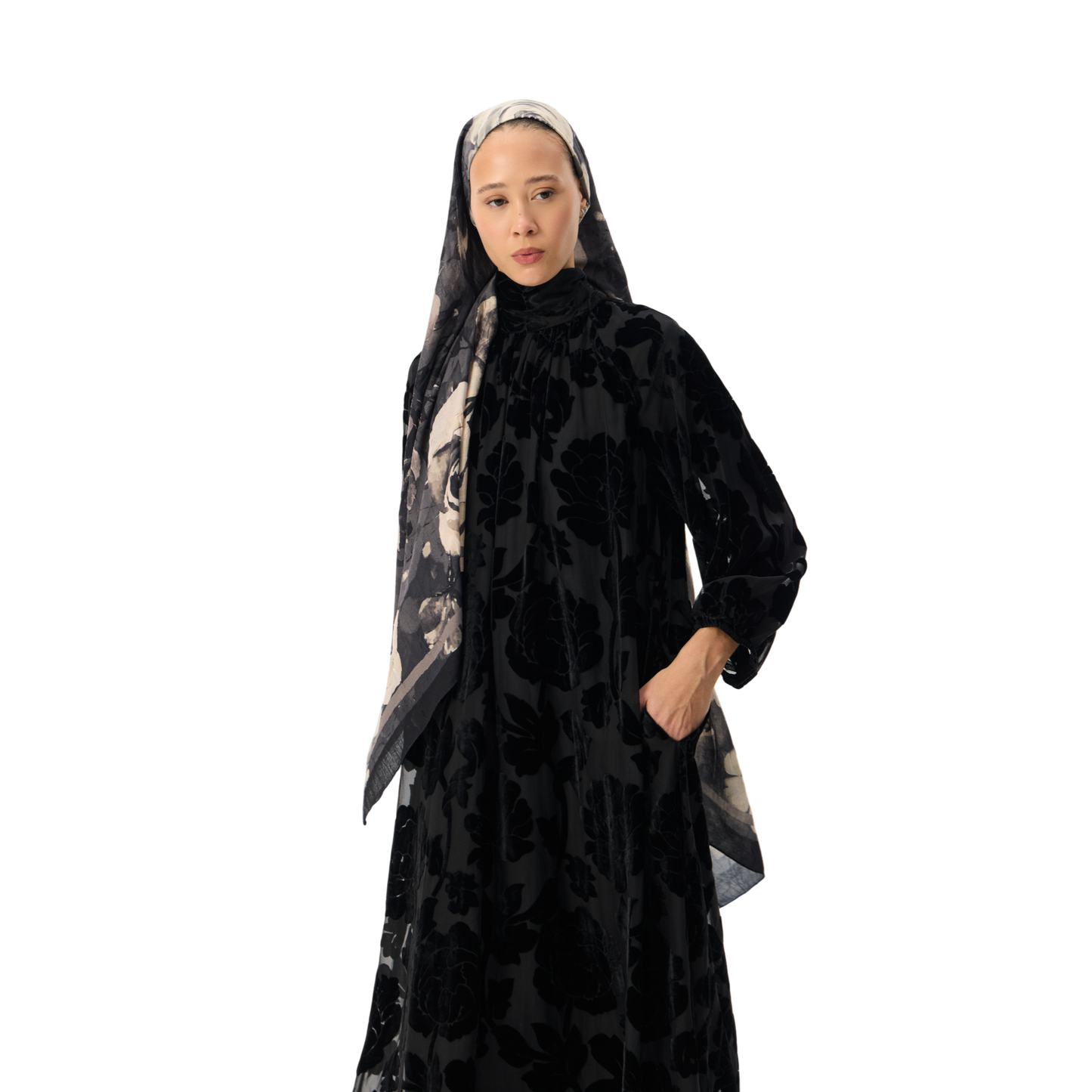 Luxury Oversized Black Velvet Floral Smock Dress