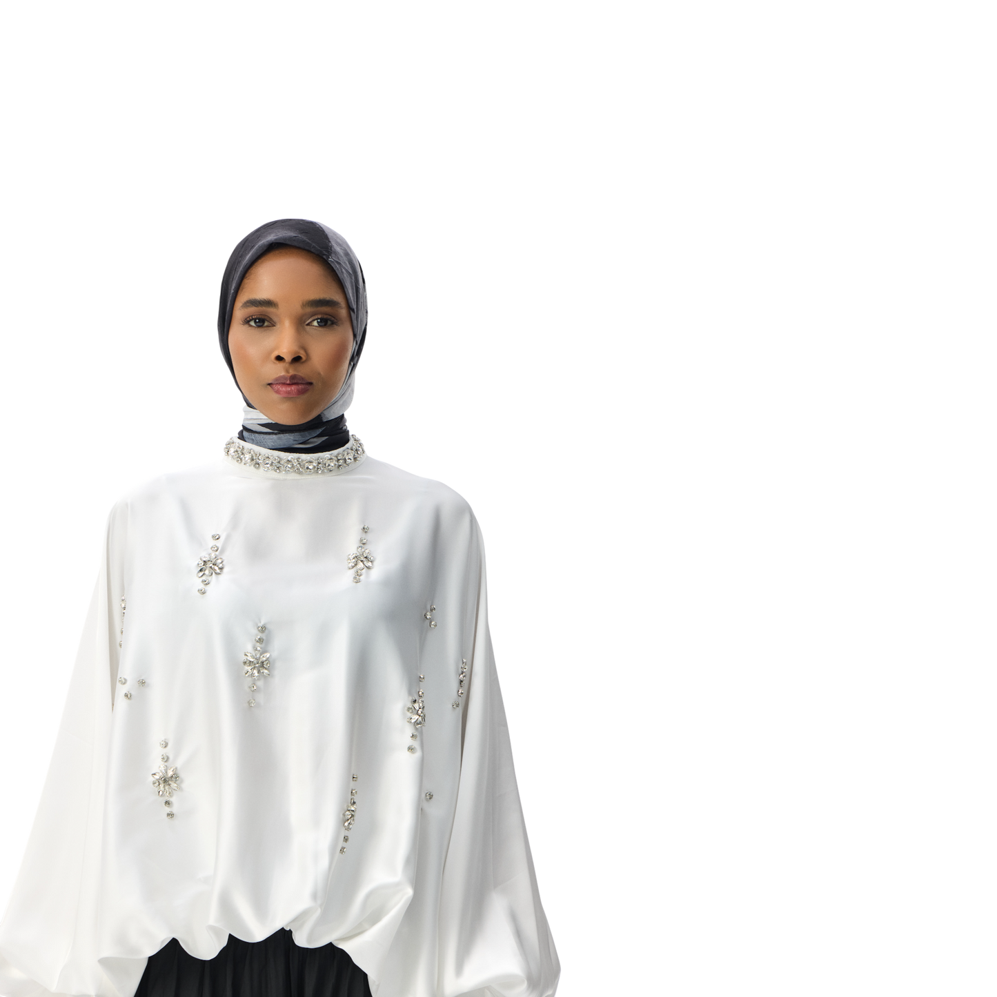 White Embellished Blouson Blouse