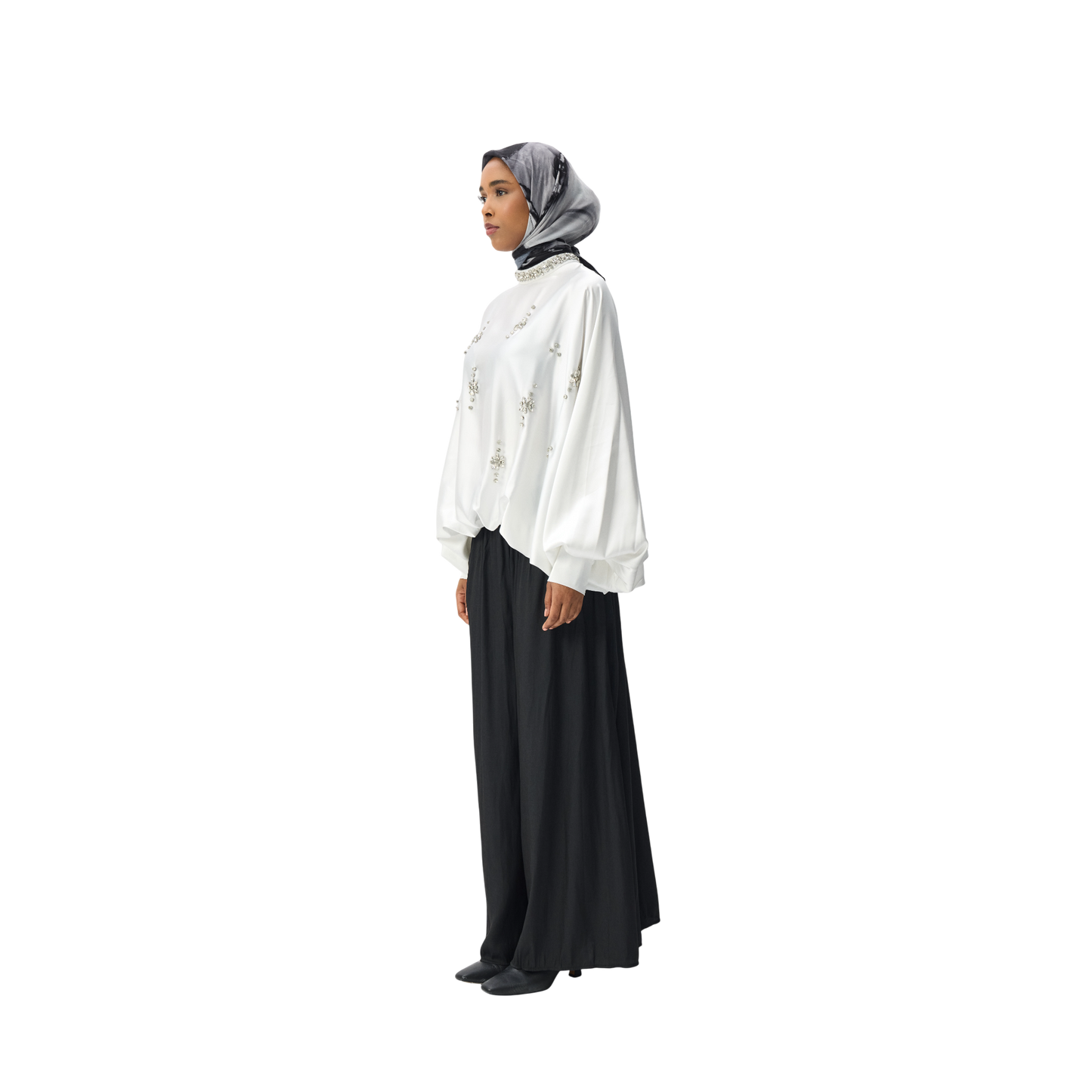 White Embellished Blouson Blouse