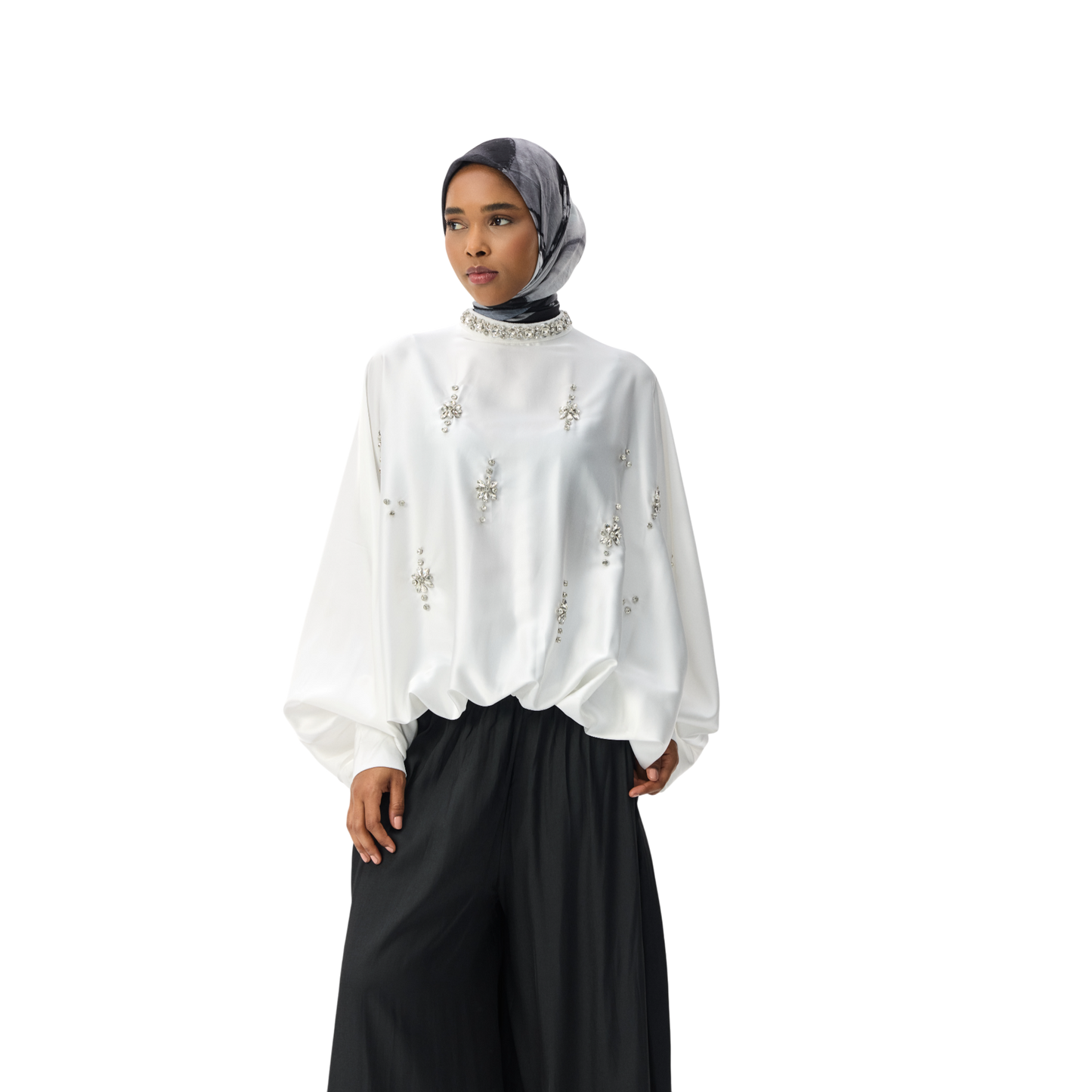 White Embellished Blouson Blouse