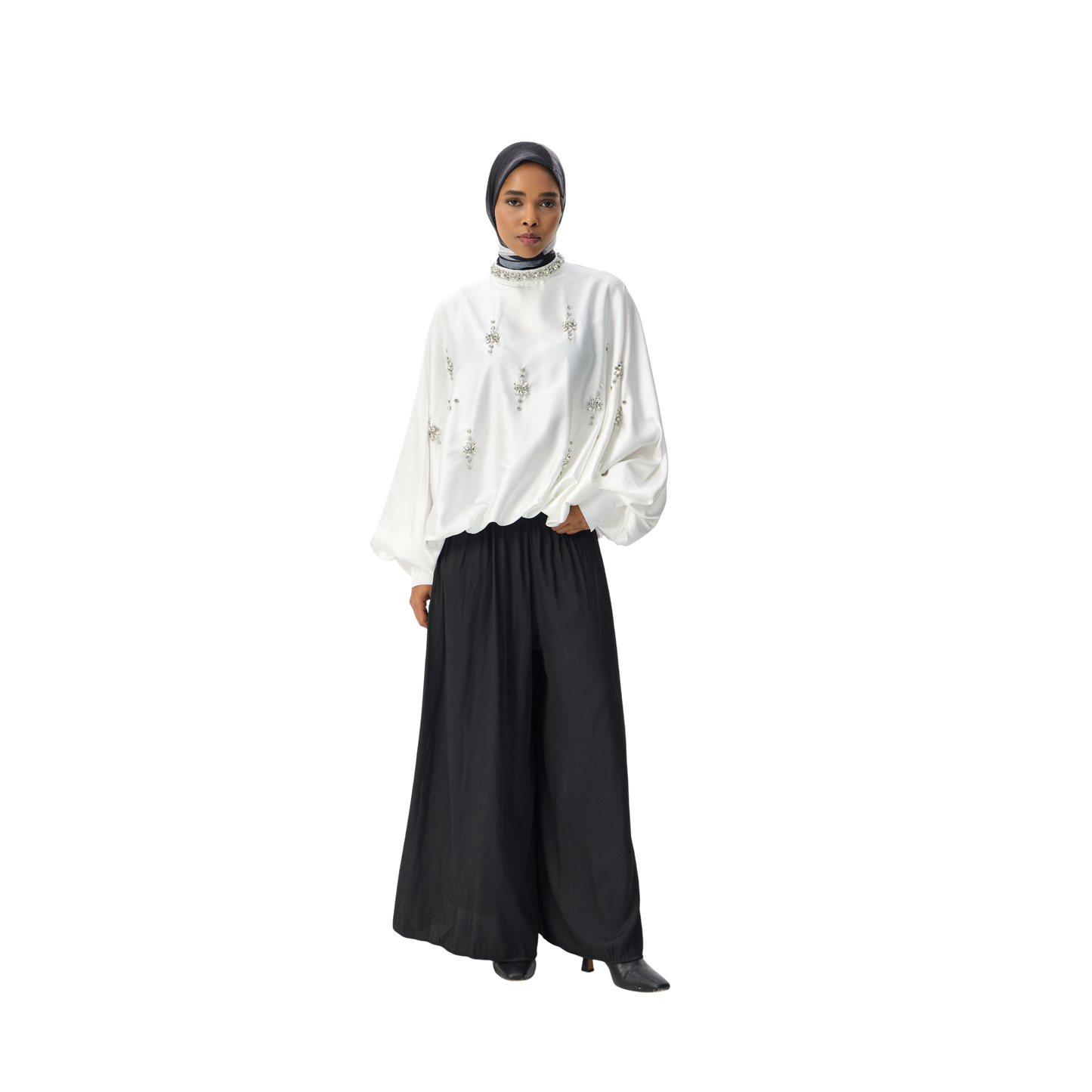 White Embellished Blouson Blouse