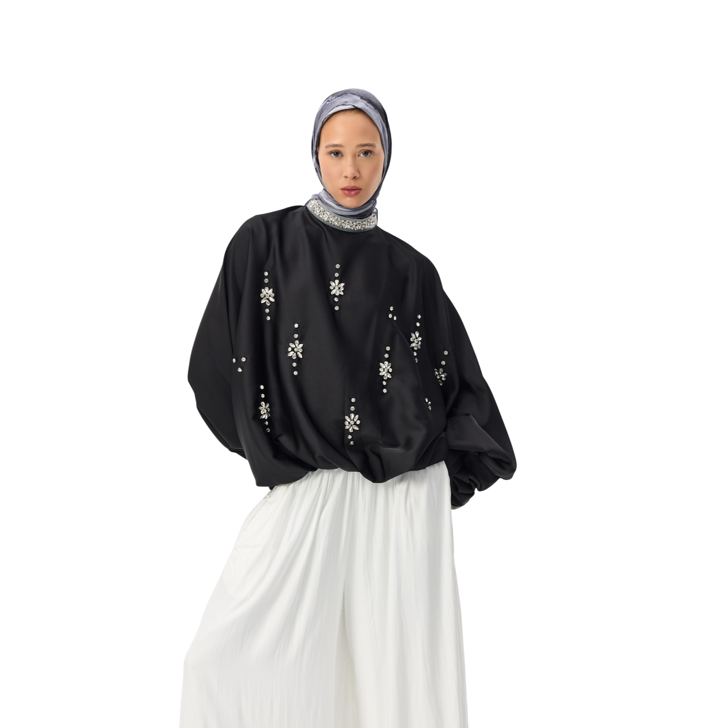 Black Embellished Blouson Blouse