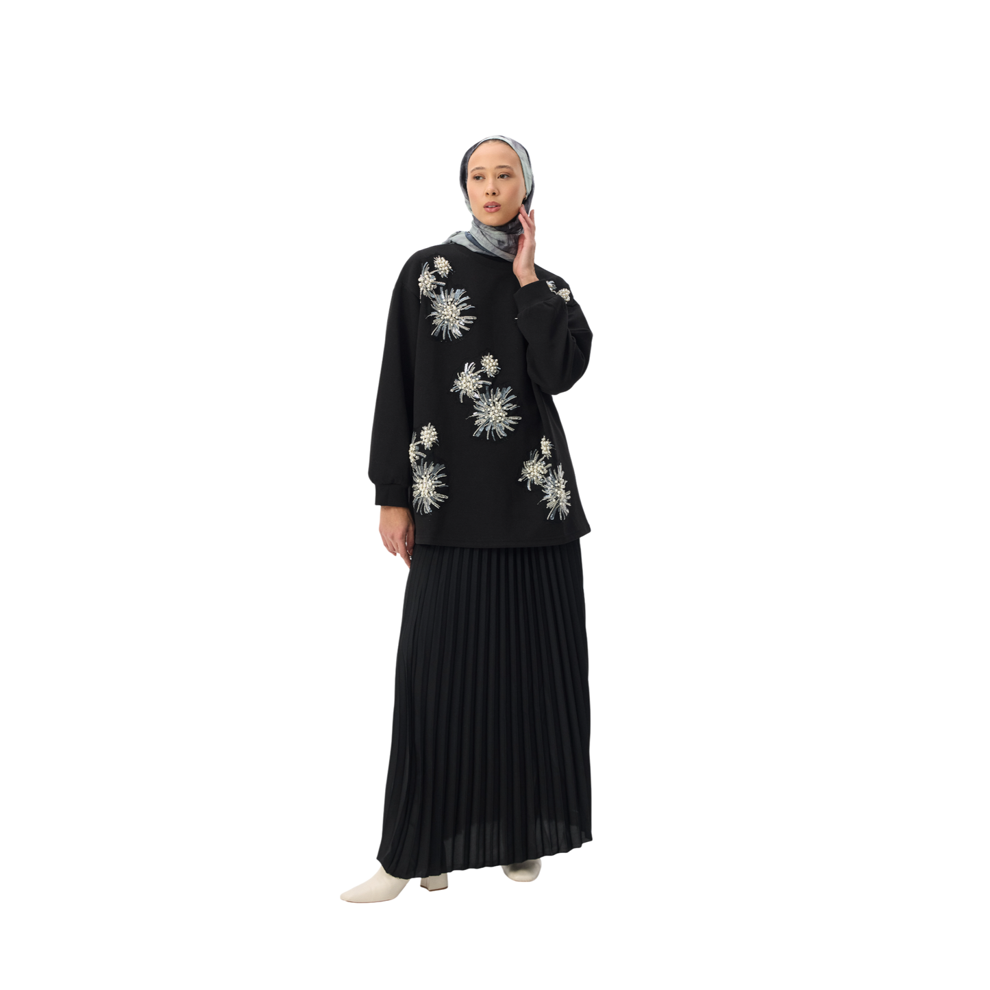 Pearl-Embellished Black Floral Luxury Scuba Sweatshirt