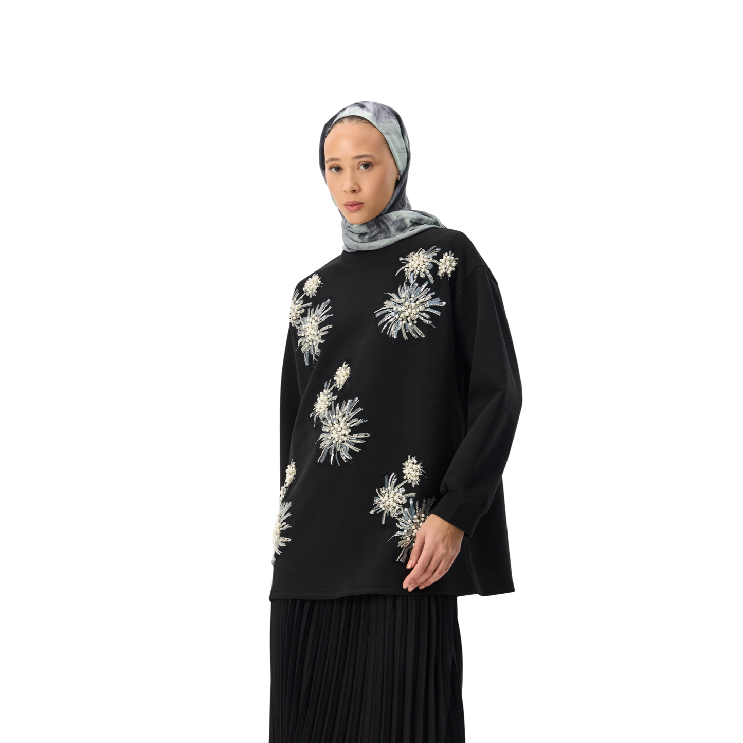 Pearl-Embellished Black Floral Luxury Scuba Sweatshirt