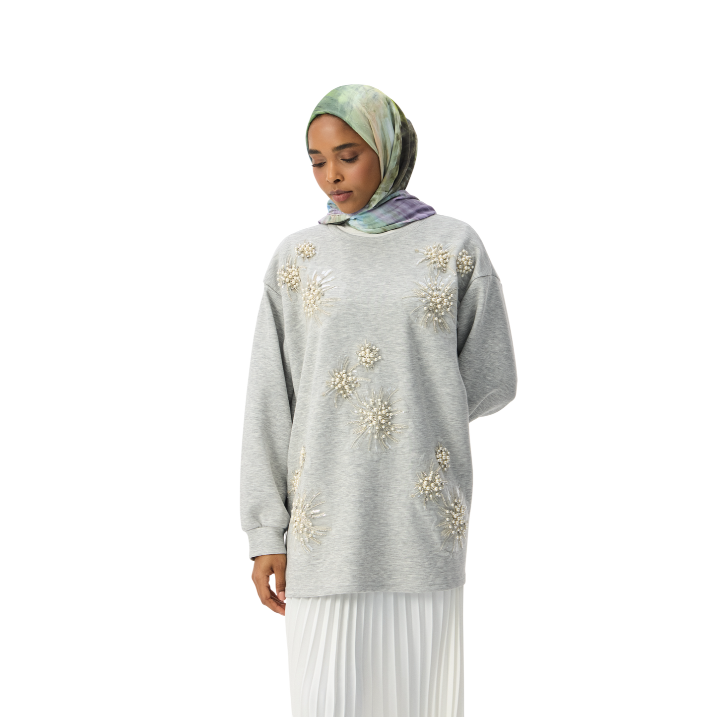 Pearl-Embellished Grey Floral Luxury Scuba Sweatshirt
