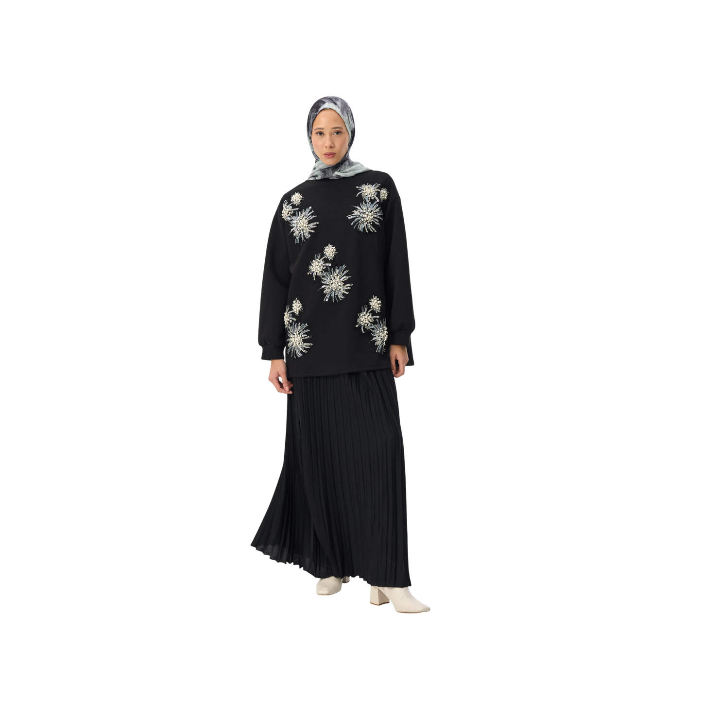 Pearl-Embellished Black Floral Luxury Scuba Sweatshirt