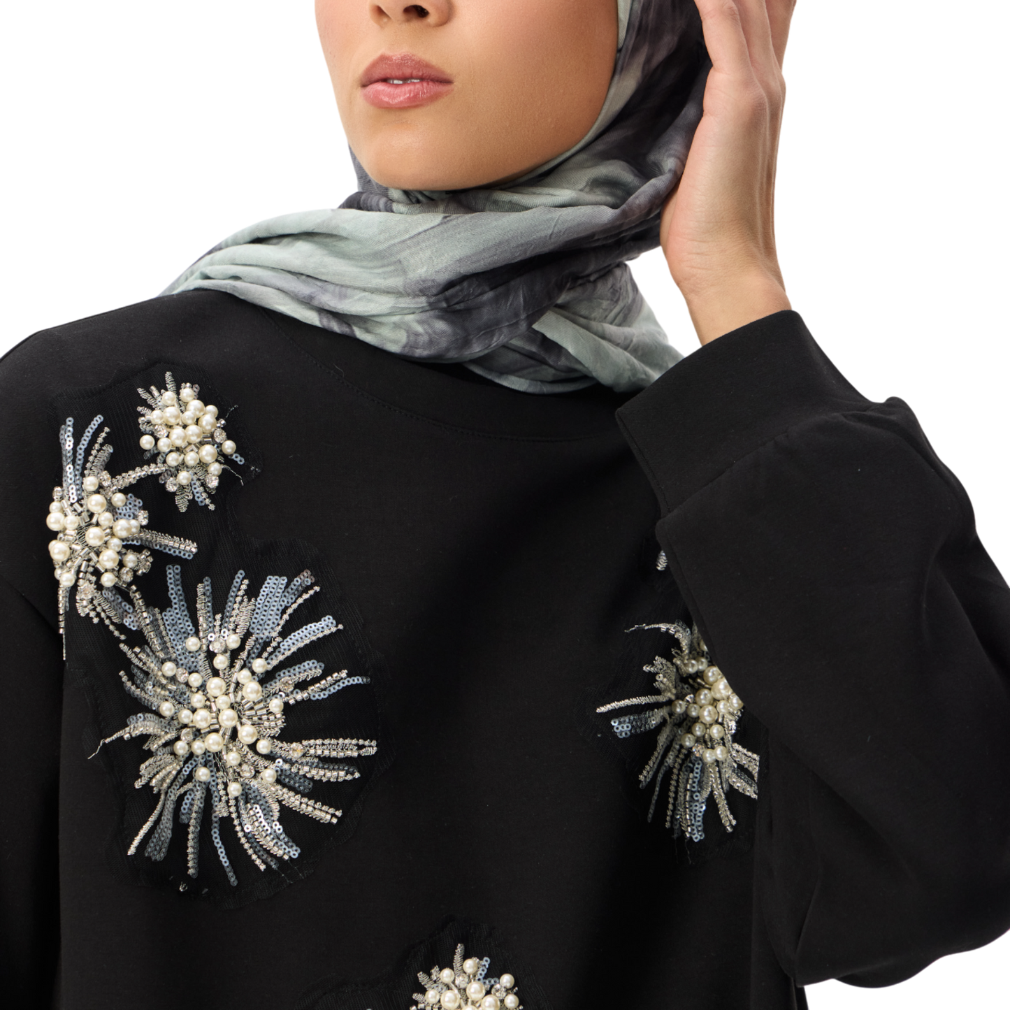 Pearl-Embellished Black Floral Luxury Scuba Sweatshirt