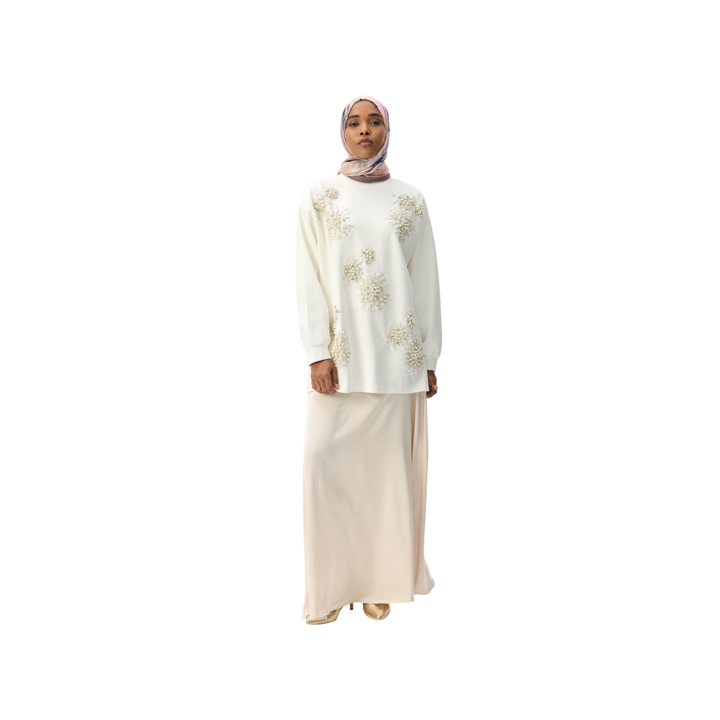 Pearl-Embellished White Floral Luxury Scuba Sweatshirt