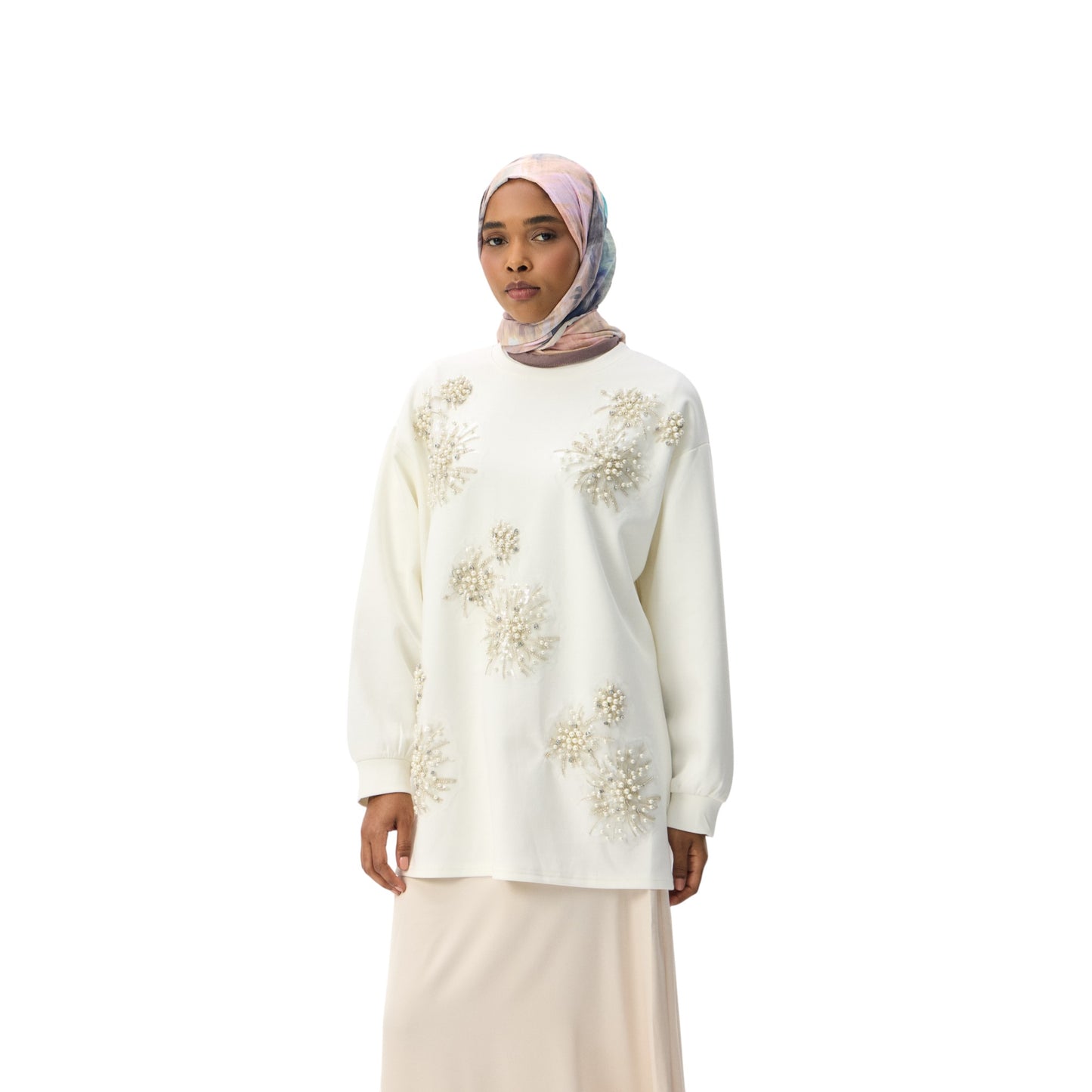 Pearl-Embellished White Floral Luxury Scuba Sweatshirt