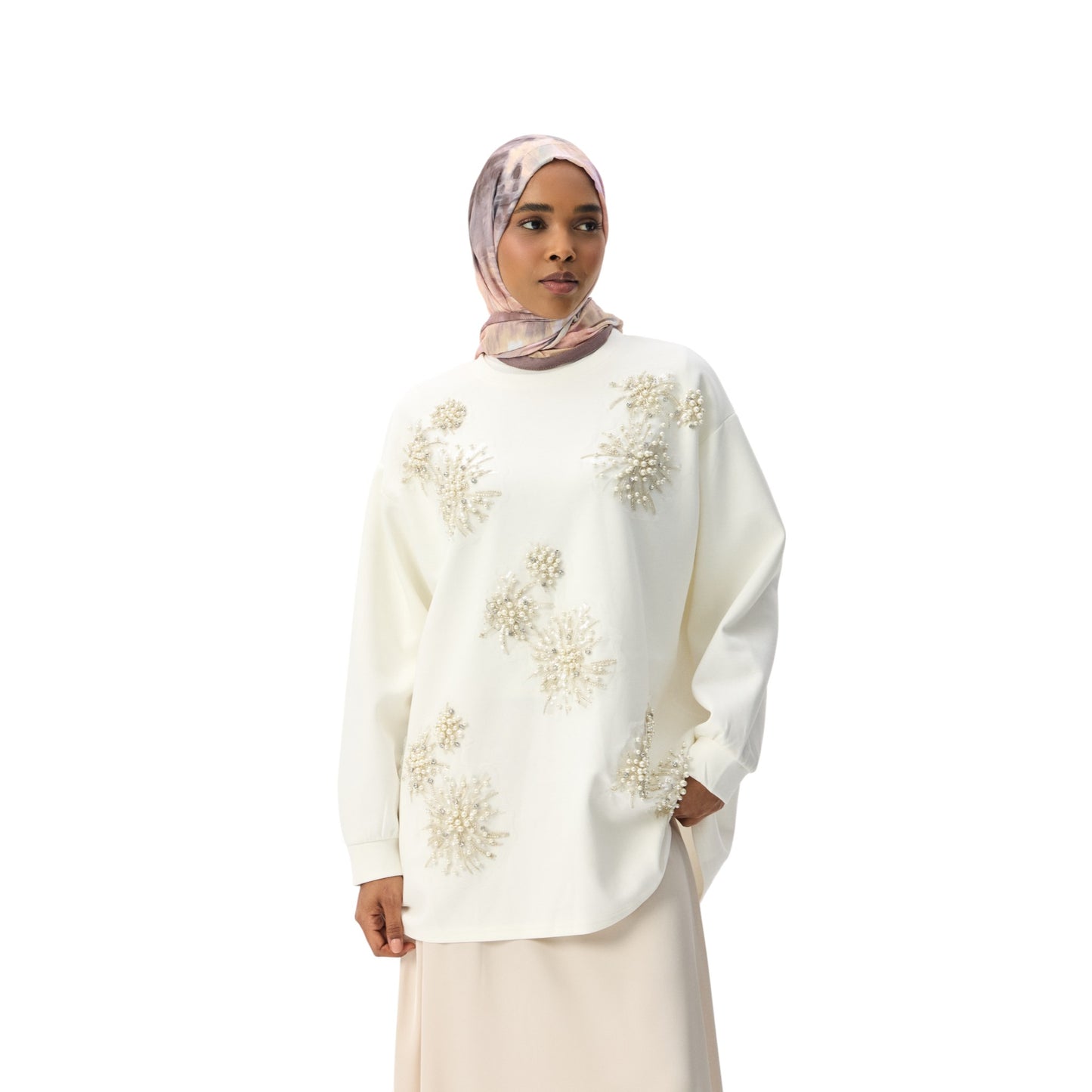 Pearl-Embellished White Floral Luxury Scuba Sweatshirt