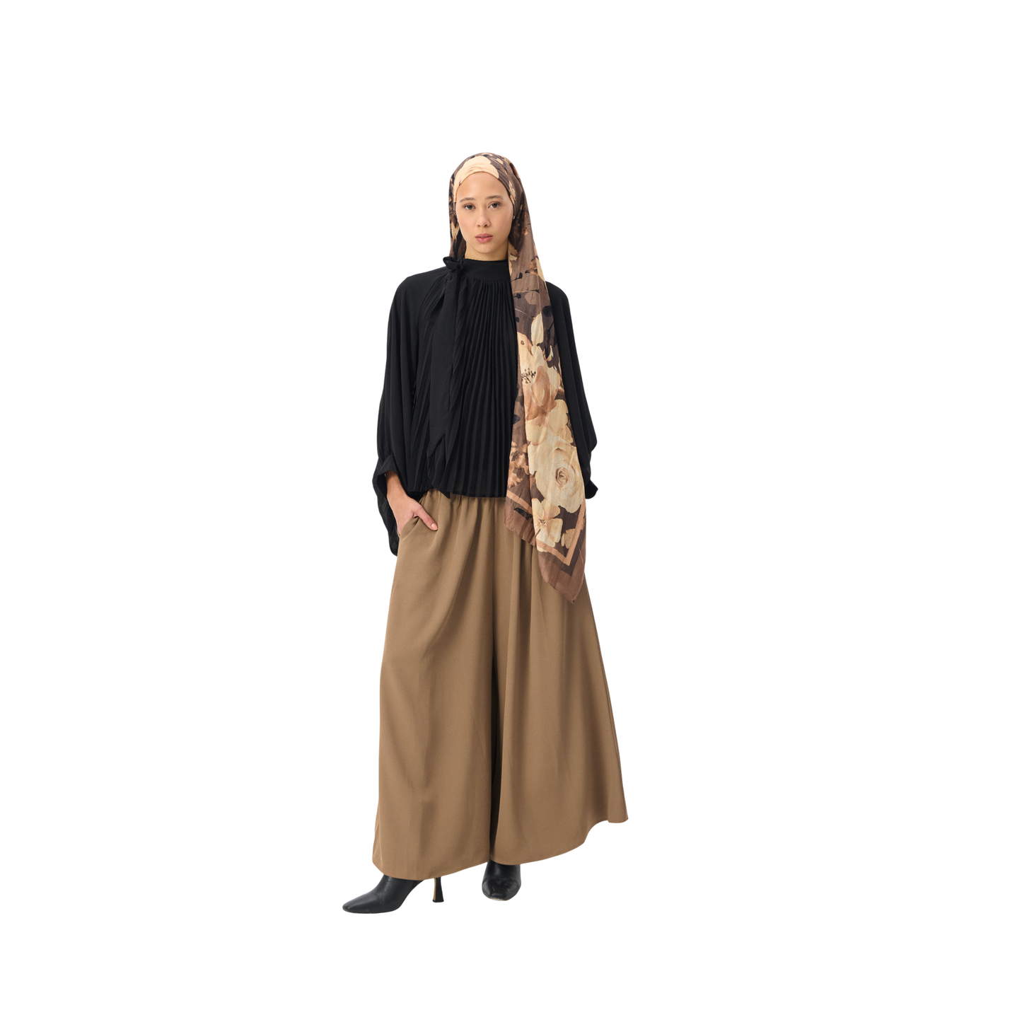 Black Pleated Chiffon Tie-Neck Blouse