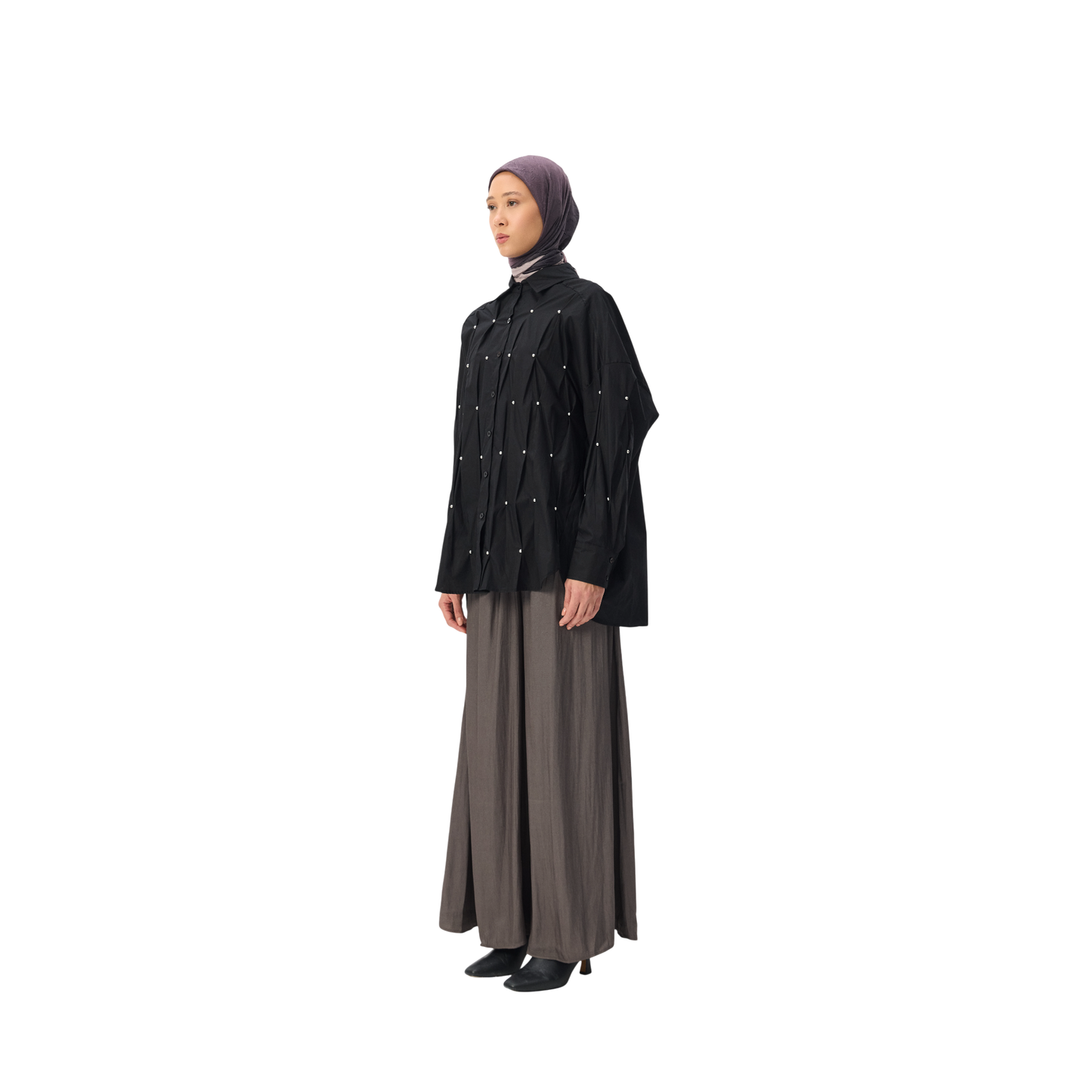 Black Oversized Studded Long-Sleeve Modest Shirt