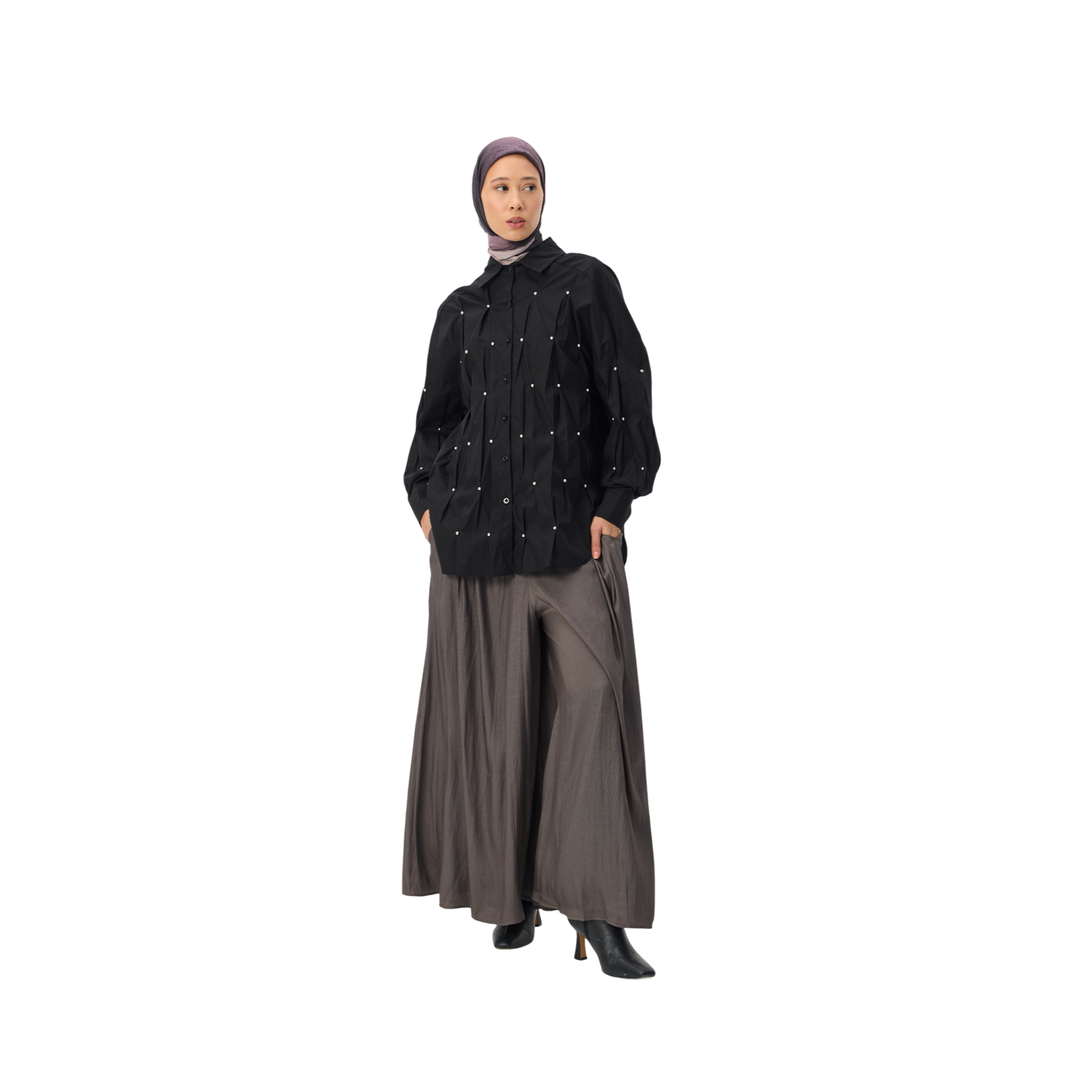Black Oversized Studded Long-Sleeve Modest Shirt