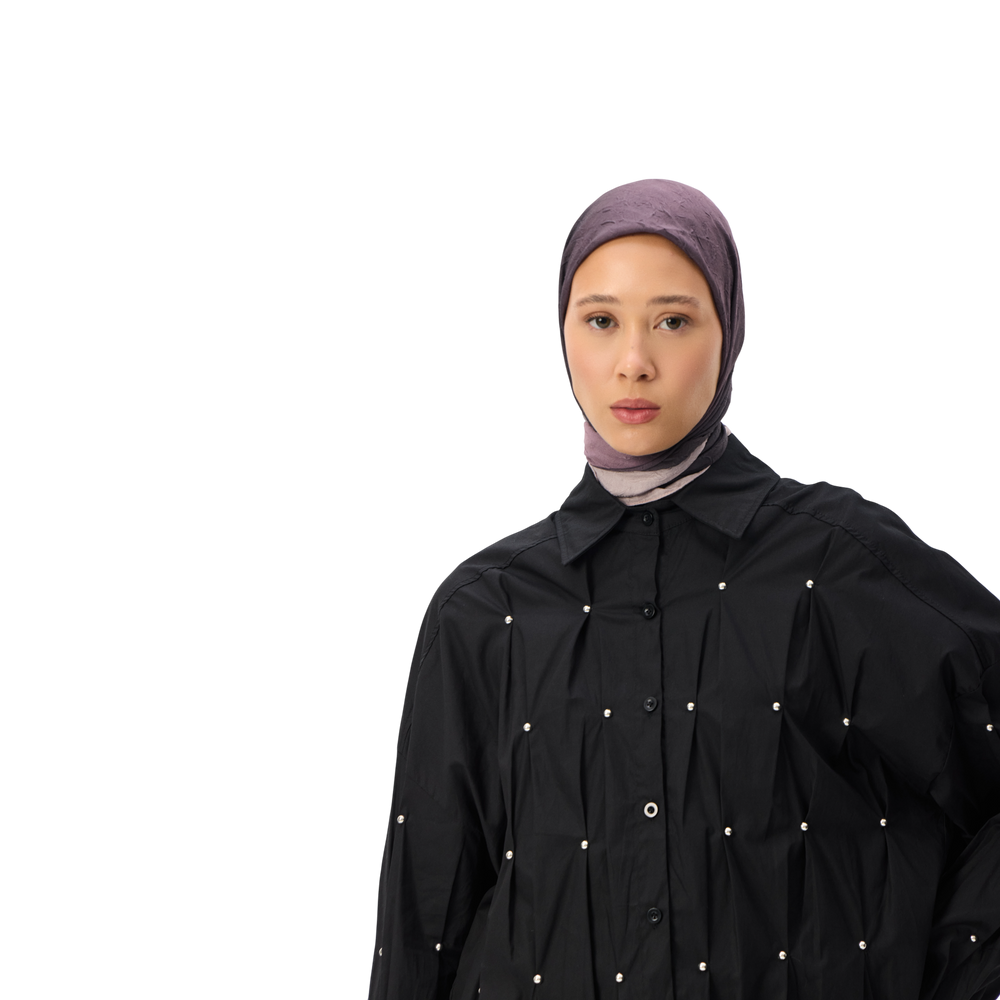 Black Oversized Studded Long-Sleeve Modest Shirt