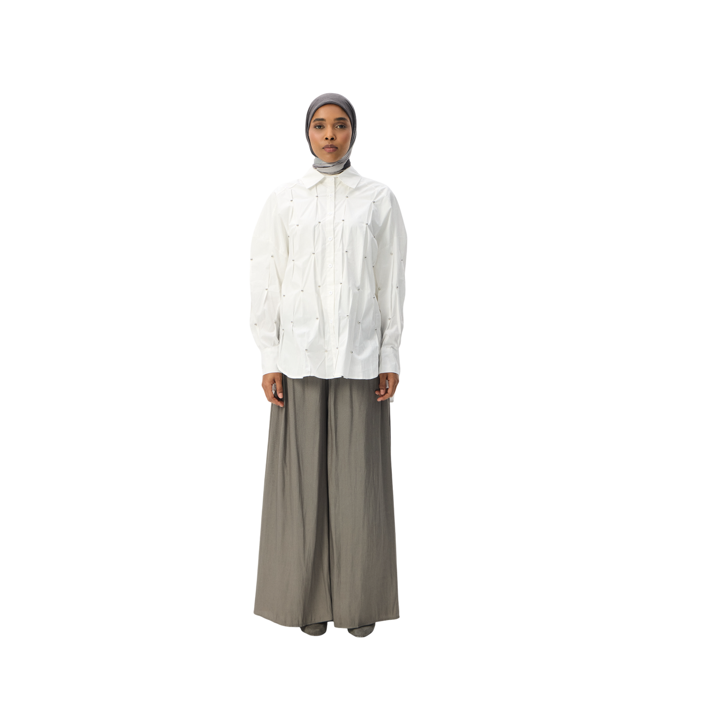 White Oversized Studded Long-Sleeve Modest Shirt