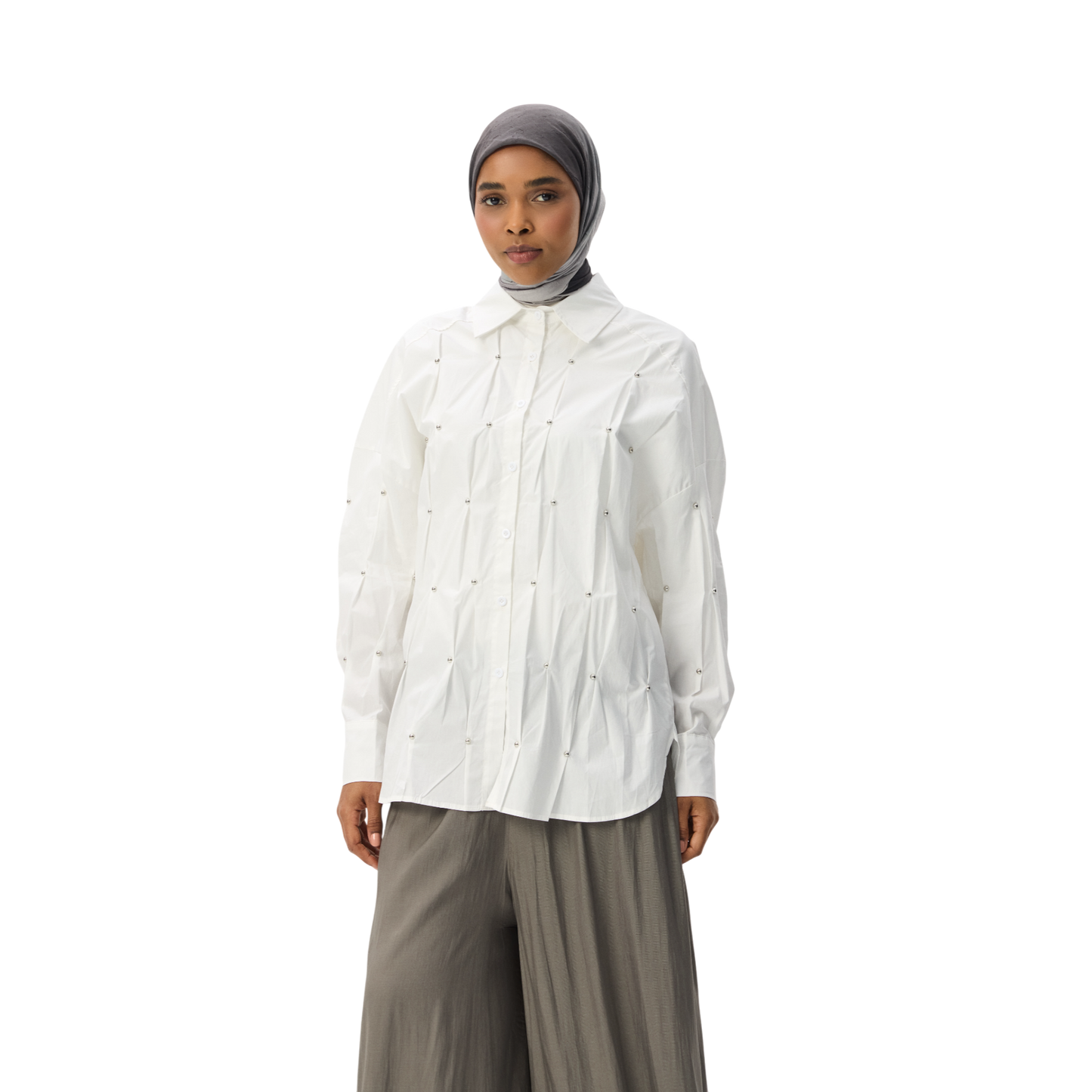 White Oversized Studded Long-Sleeve Modest Shirt