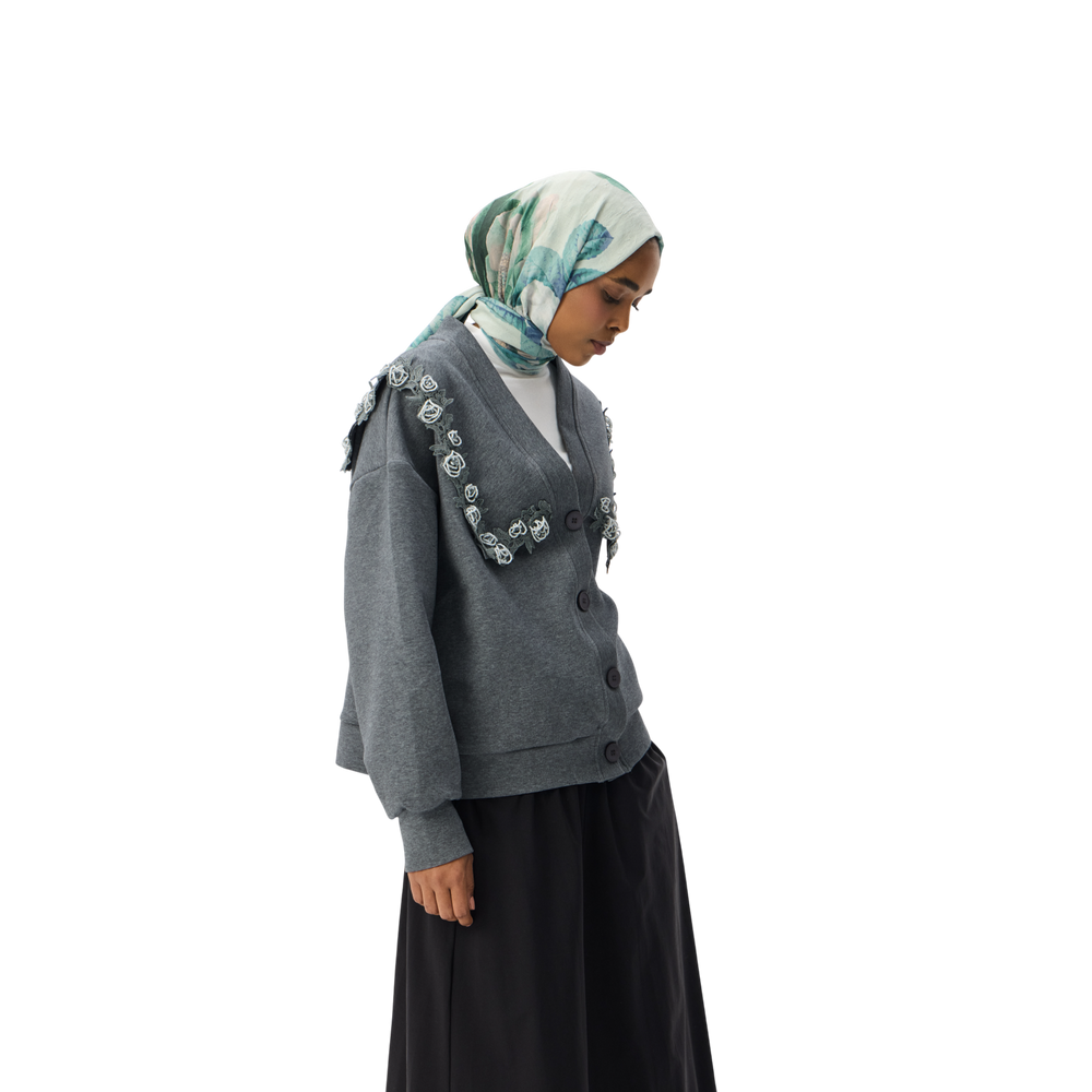 Floral Appliqué Trim Grey Luxury Scuba Oversized Cardigan