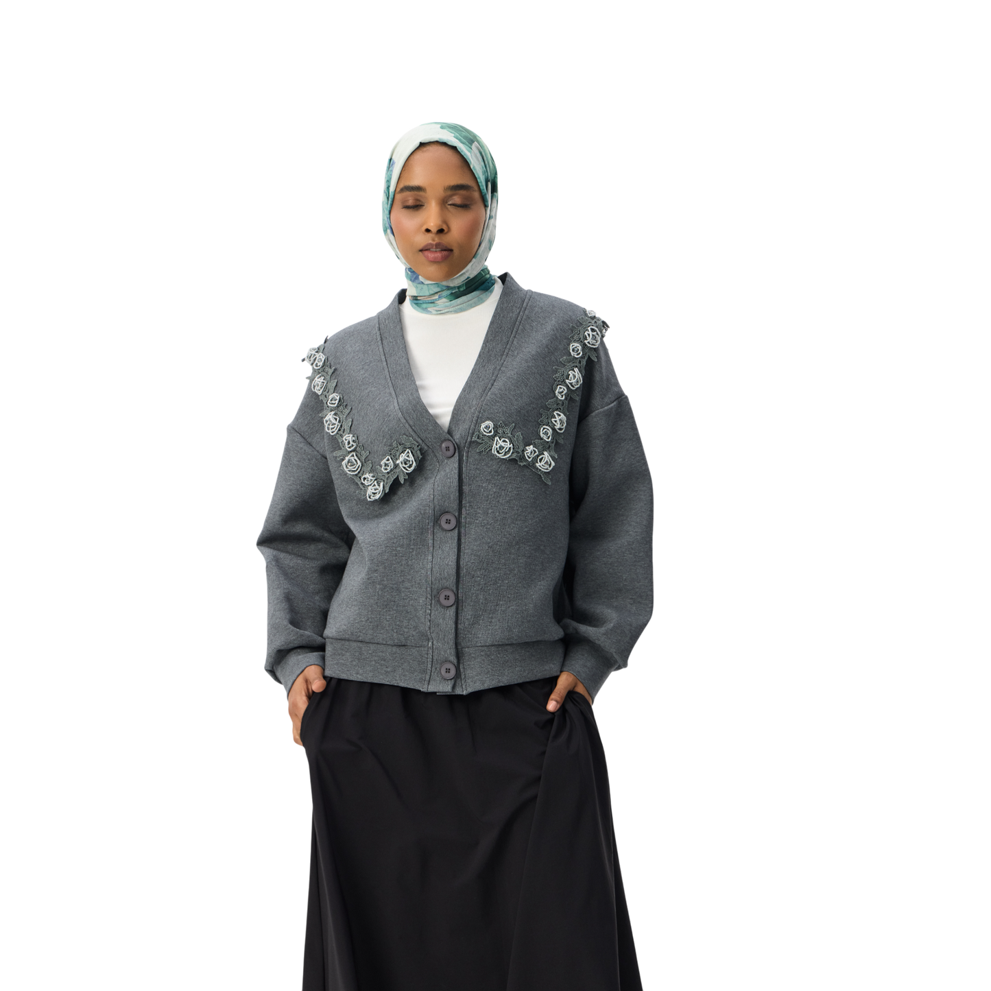 Floral Appliqué Trim Grey Luxury Scuba Oversized Cardigan