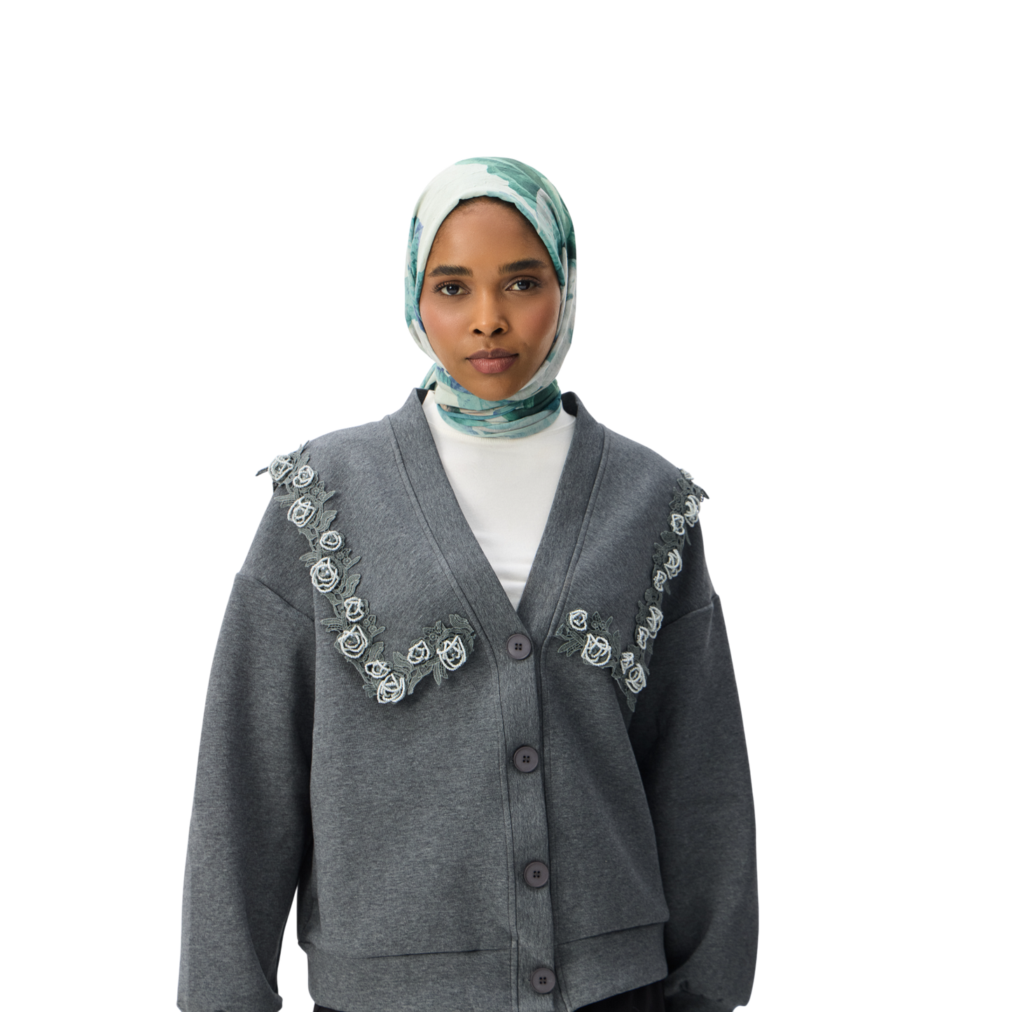 Floral Appliqué Trim Grey Luxury Scuba Oversized Cardigan