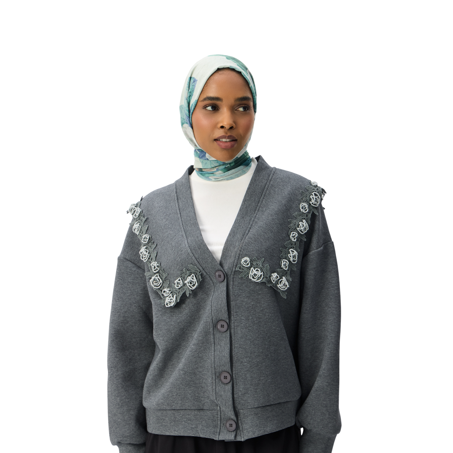 Floral Appliqué Trim Grey Luxury Scuba Oversized Cardigan