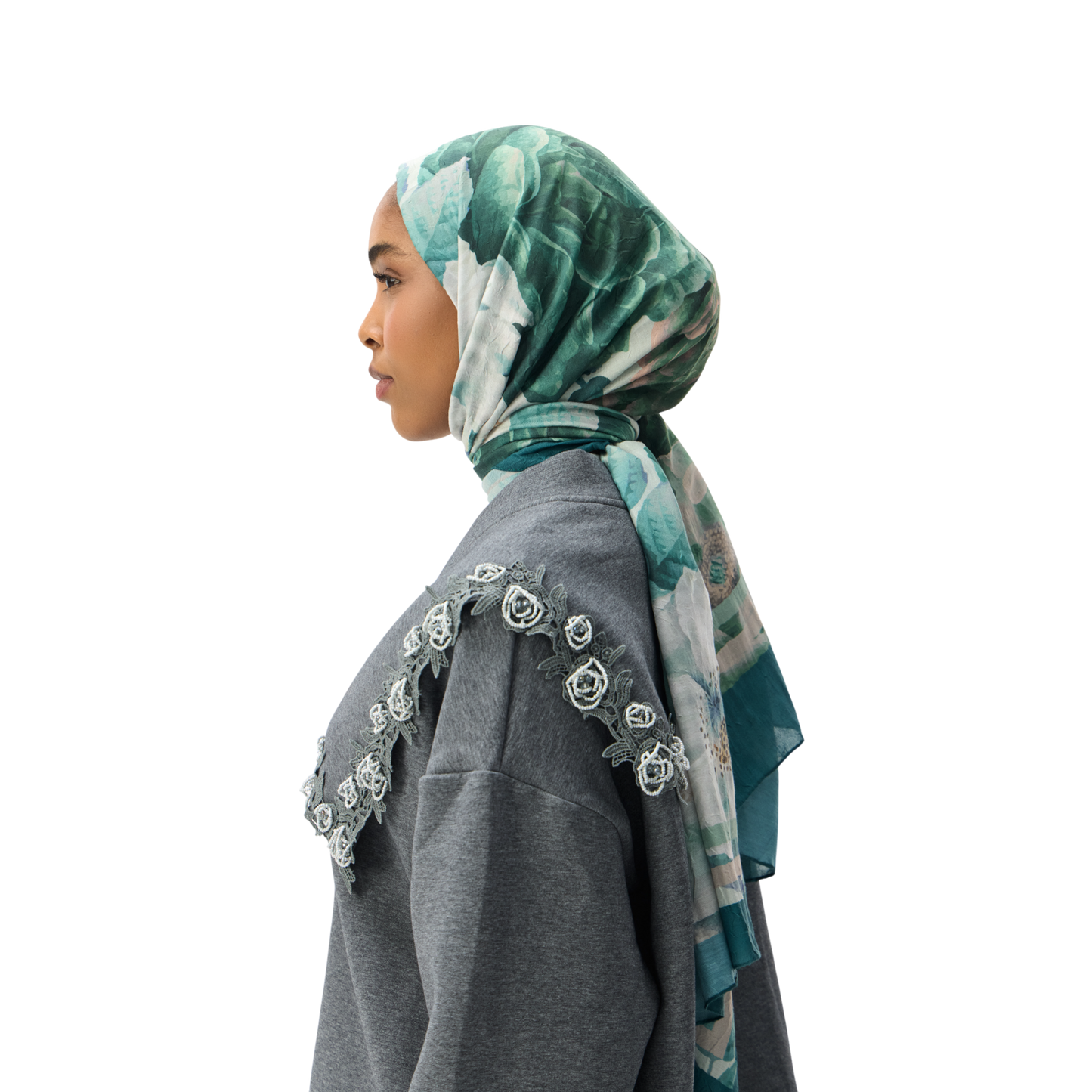 Floral Appliqué Trim Grey Luxury Scuba Oversized Cardigan