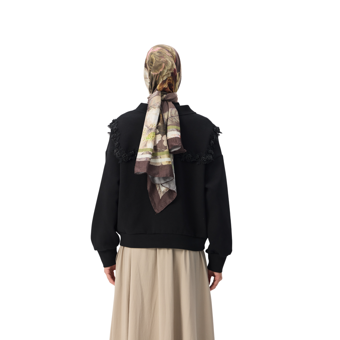 Floral Appliqué Trim Black Luxury Scuba Oversized Cardigan