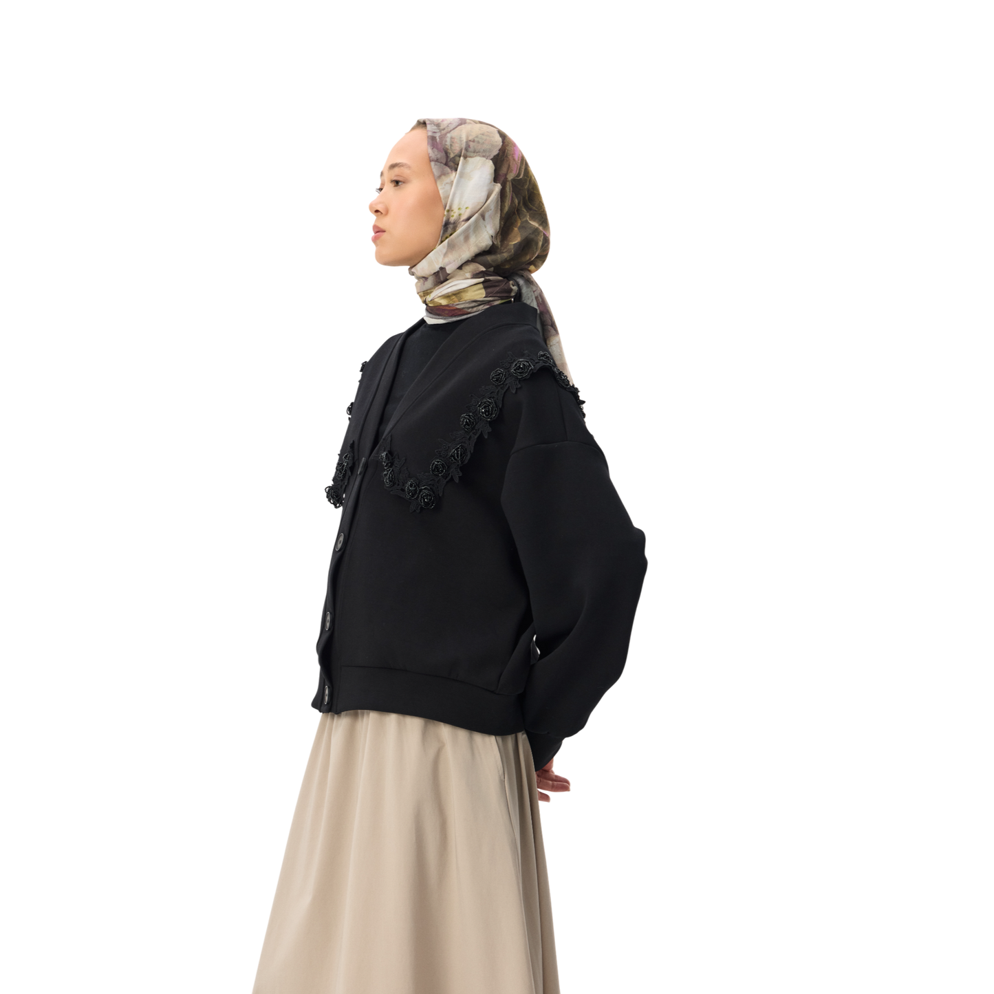 Floral Appliqué Trim Black Luxury Scuba Oversized Cardigan