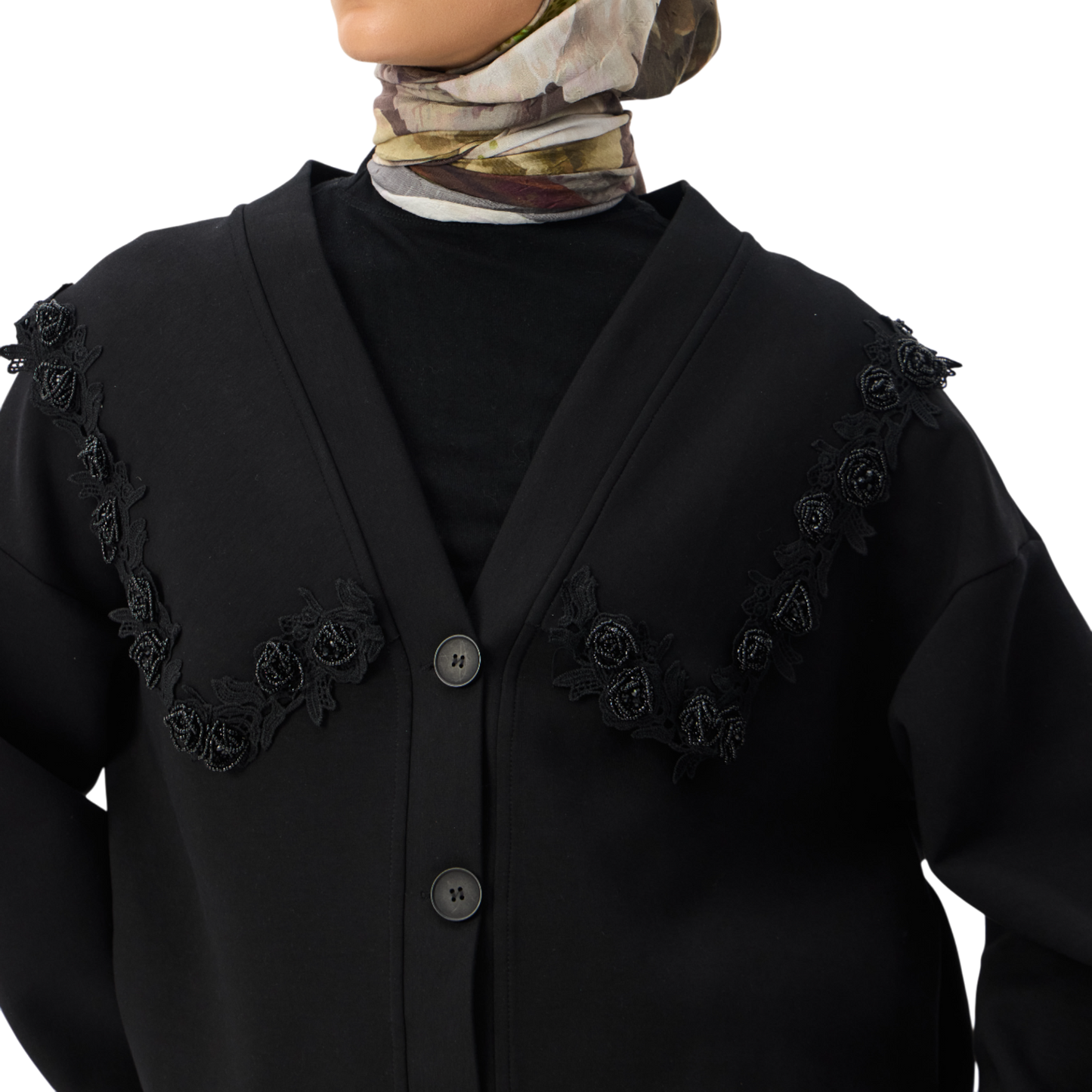 Floral Appliqué Trim Black Luxury Scuba Oversized Cardigan