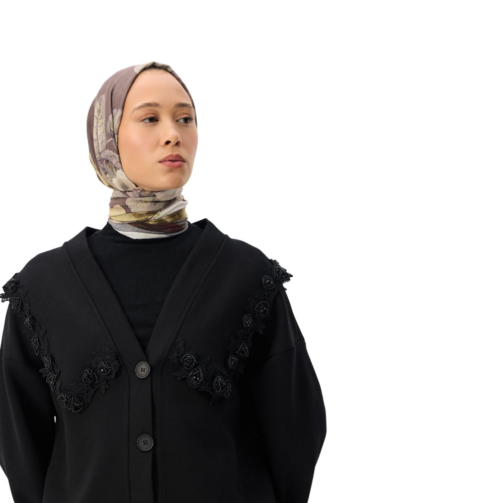 Floral Appliqué Trim Black Luxury Scuba Oversized Cardigan