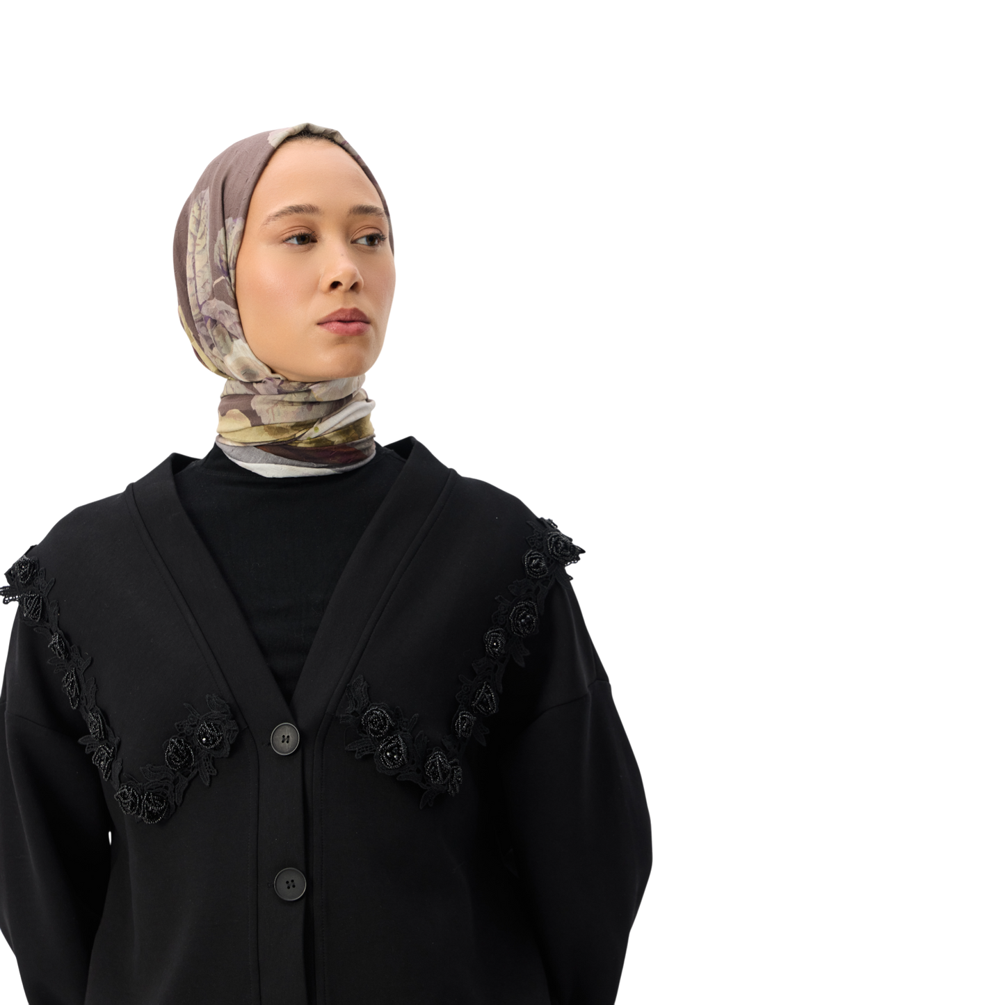 Floral Appliqué Trim Black Luxury Scuba Oversized Cardigan