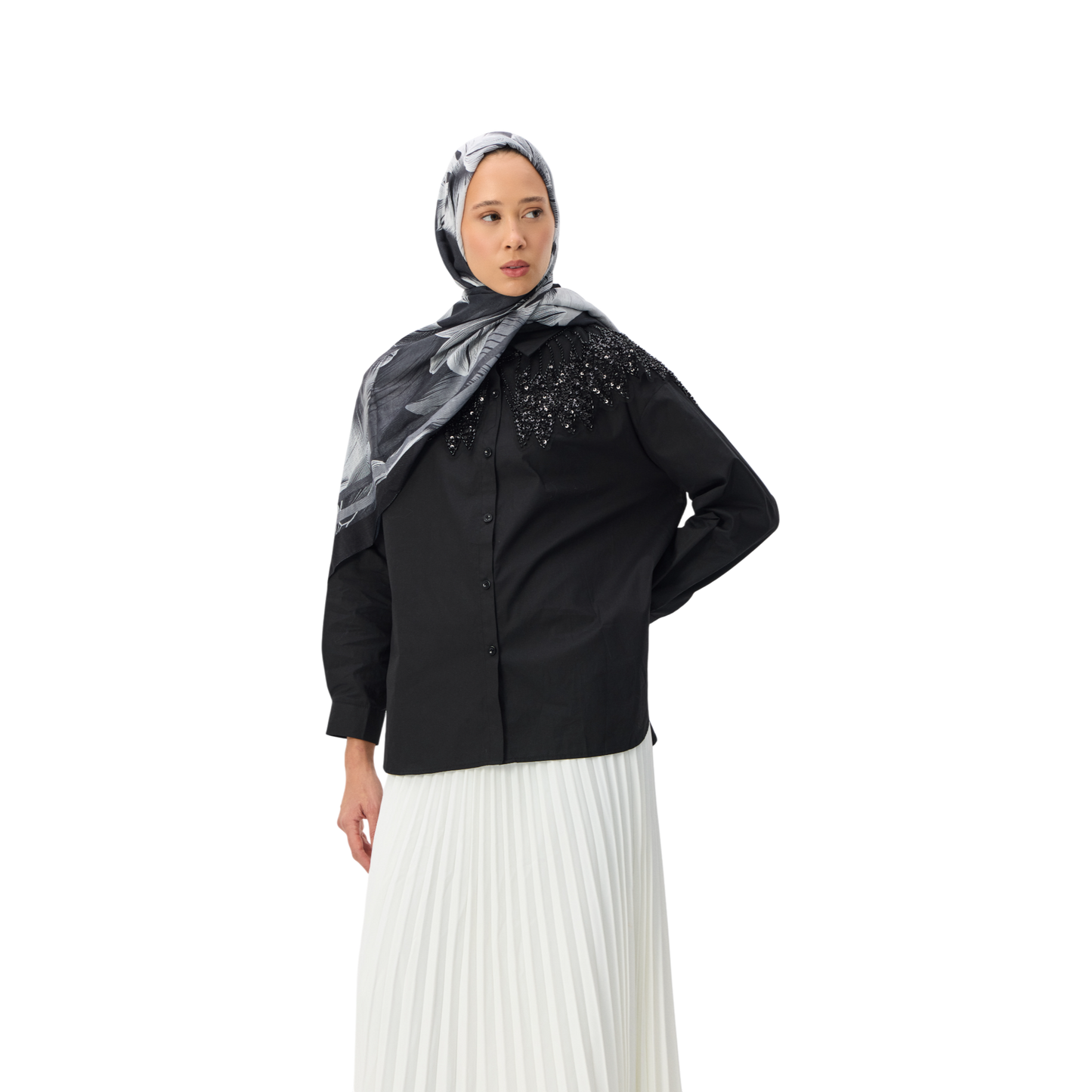 Black Embellished Yoke Button-Down Shirt