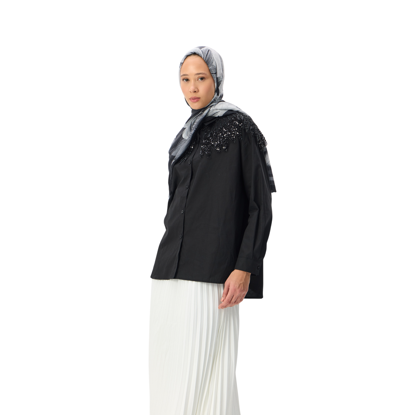 Black Embellished Yoke Button-Down Shirt