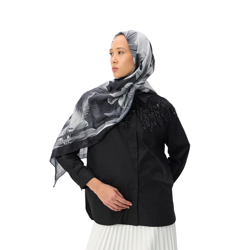 Black Embellished Yoke Button-Down Shirt