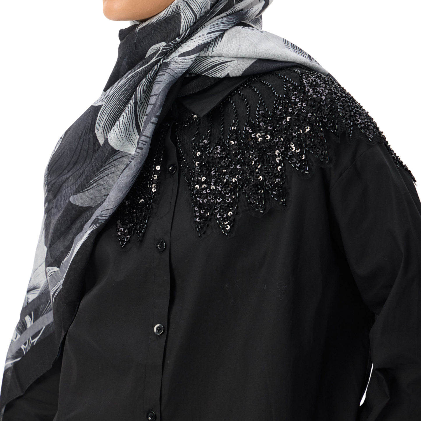 Black Embellished Yoke Button-Down Shirt