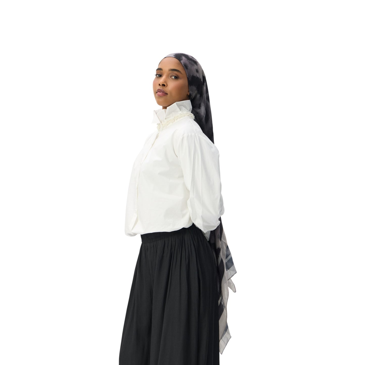 Ruffled High Collar and Delicate Cuff Trim Shirt