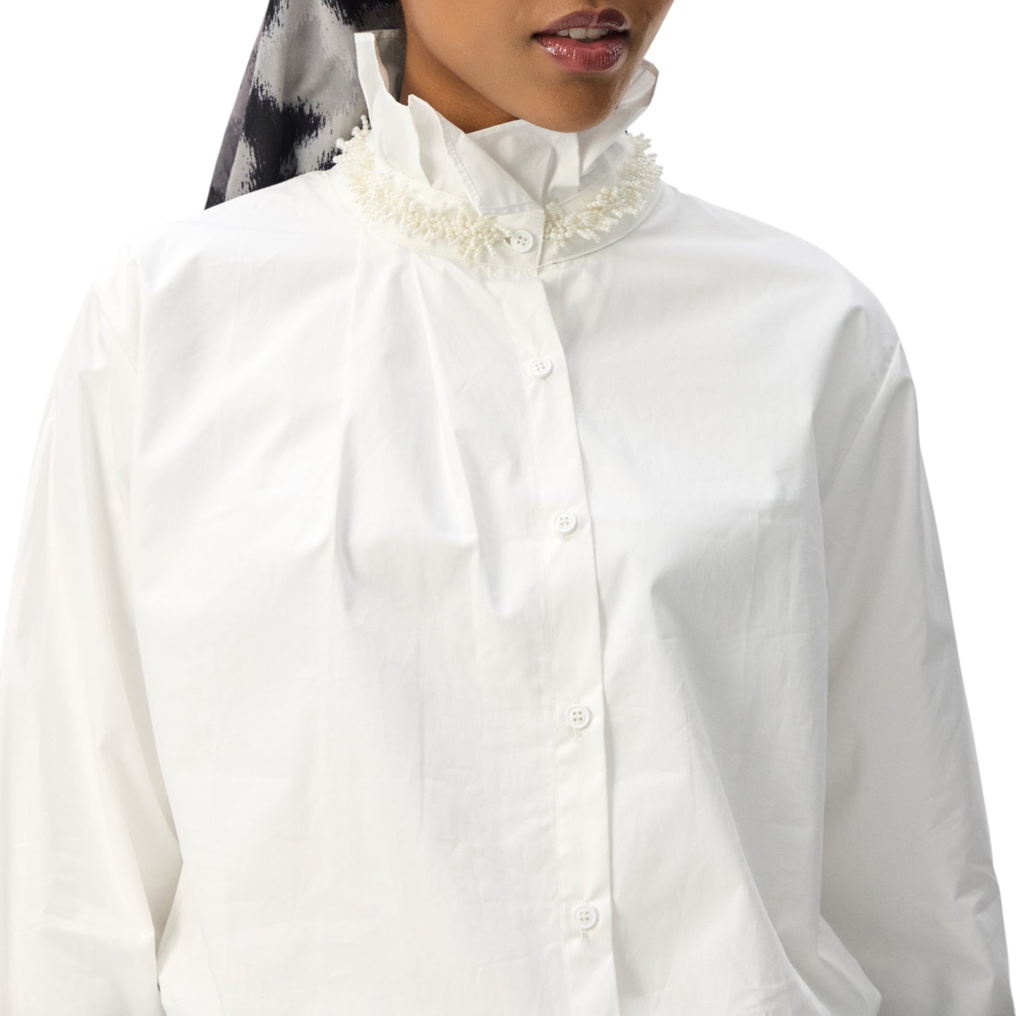 Ruffled High Collar and Delicate Cuff Trim Shirt