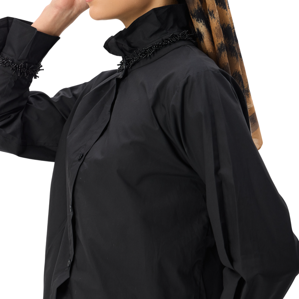 Black Ruffled High Collar and Delicate Cuff Trim Shirt