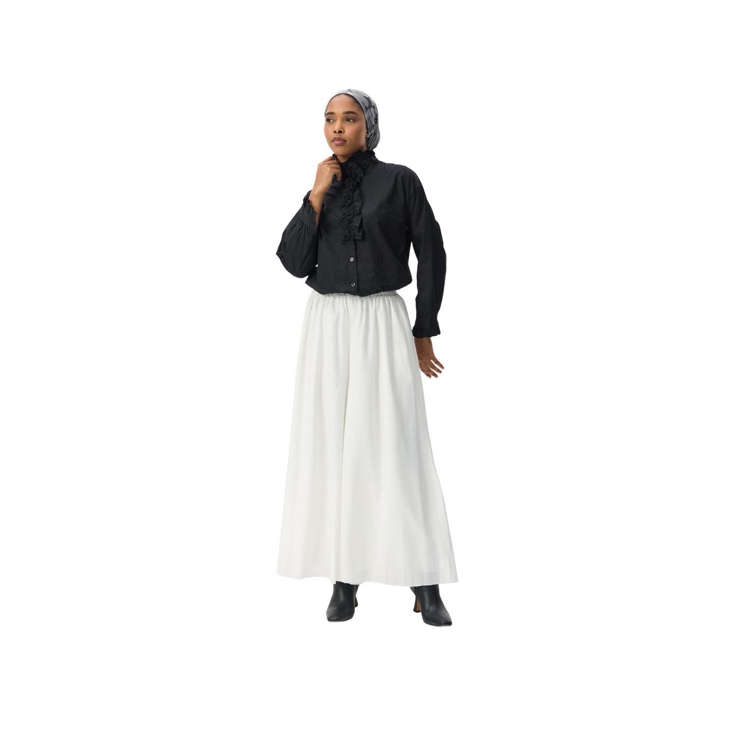 Black High-Neck Shirt with Floral Appliqué Front Detail