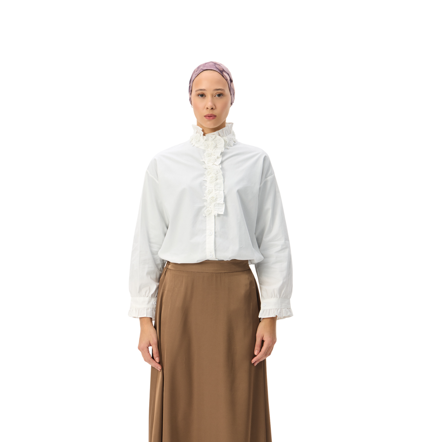 White High-Neck Shirt with Floral Appliqué Front Detail