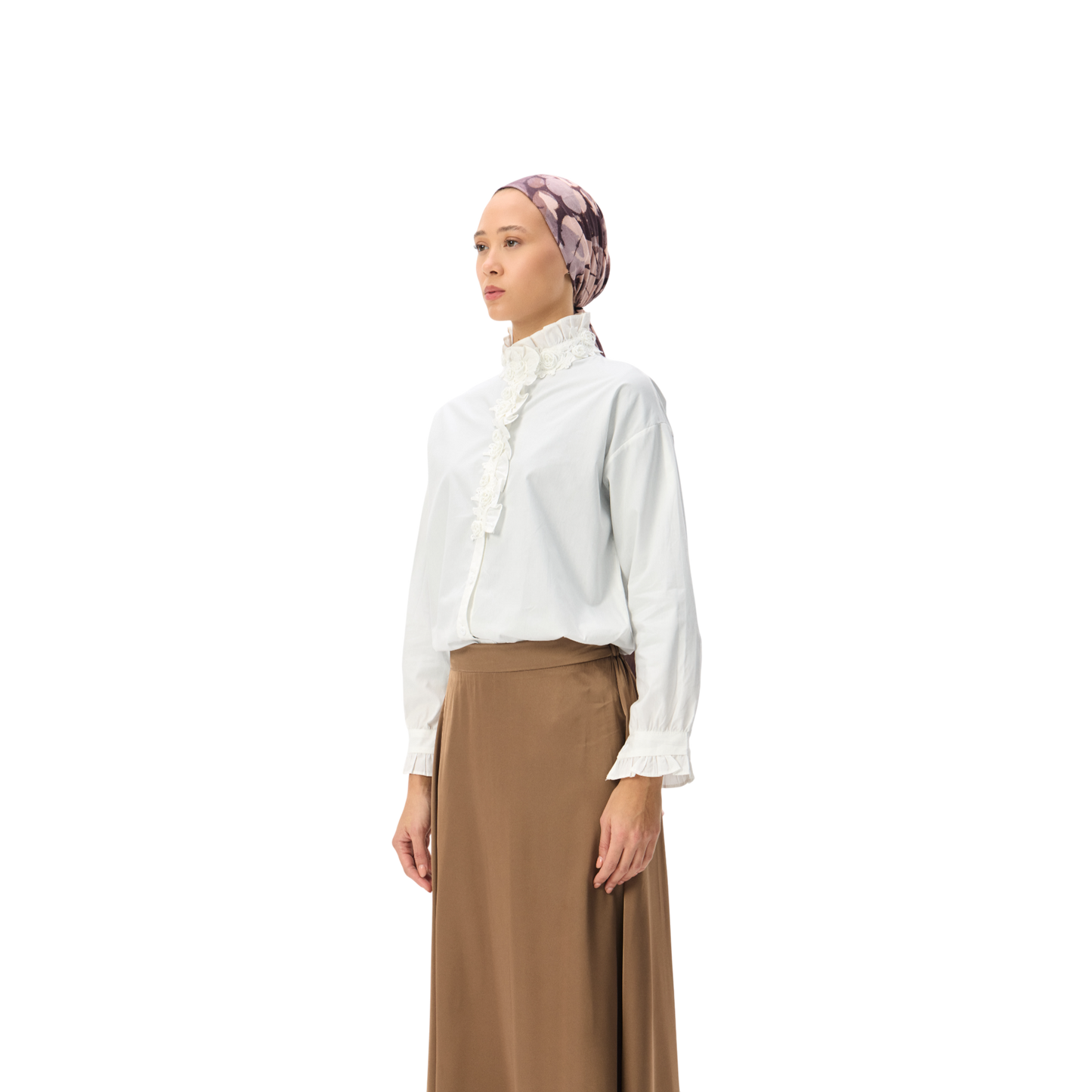 White High-Neck Shirt with Floral Appliqué Front Detail