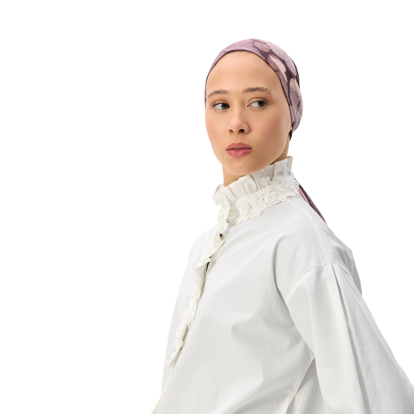 White High-Neck Shirt with Floral Appliqué Front Detail