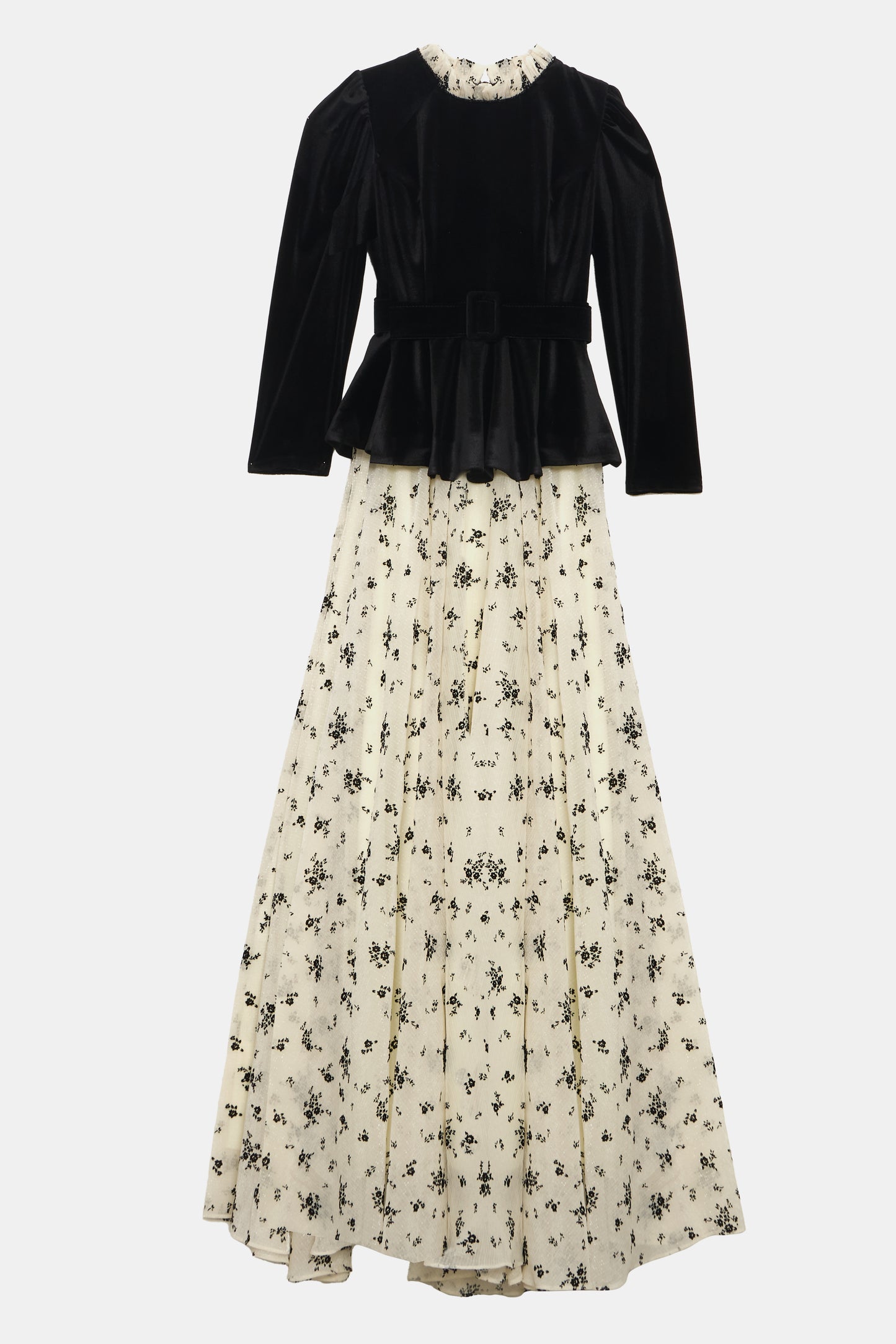 Velvet Peplum Evening Gown with Floral Skirt