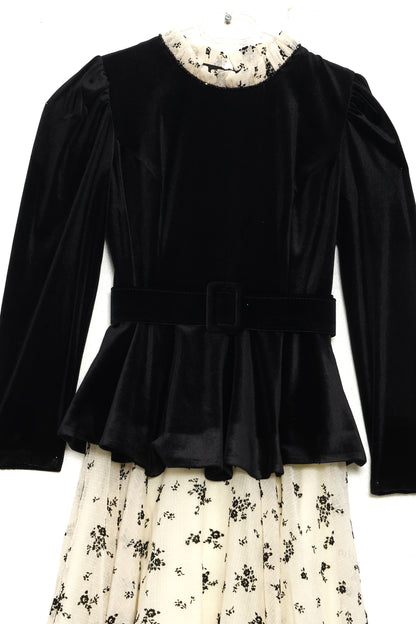 Velvet Peplum Evening Gown with Floral Skirt