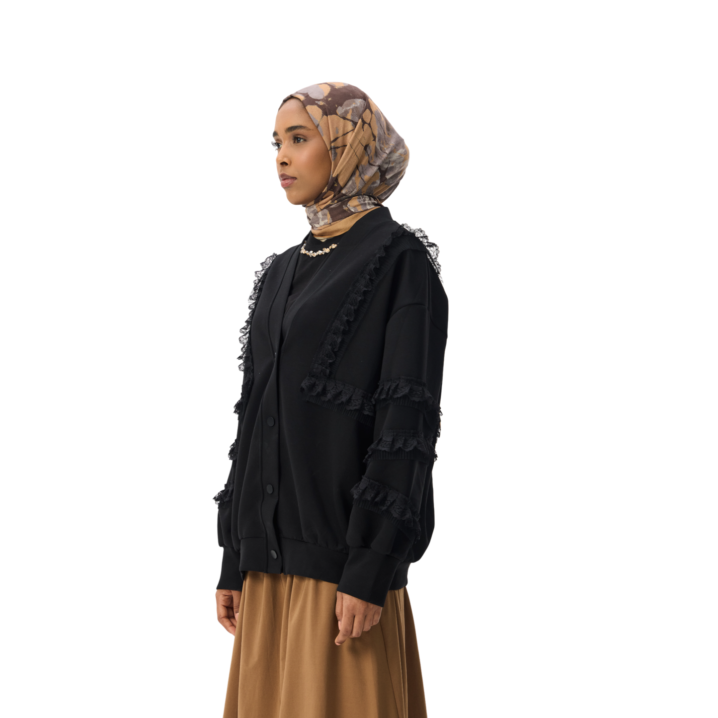 Ruffle Appliqué Trim Black Luxury Scuba Oversized Cardigan